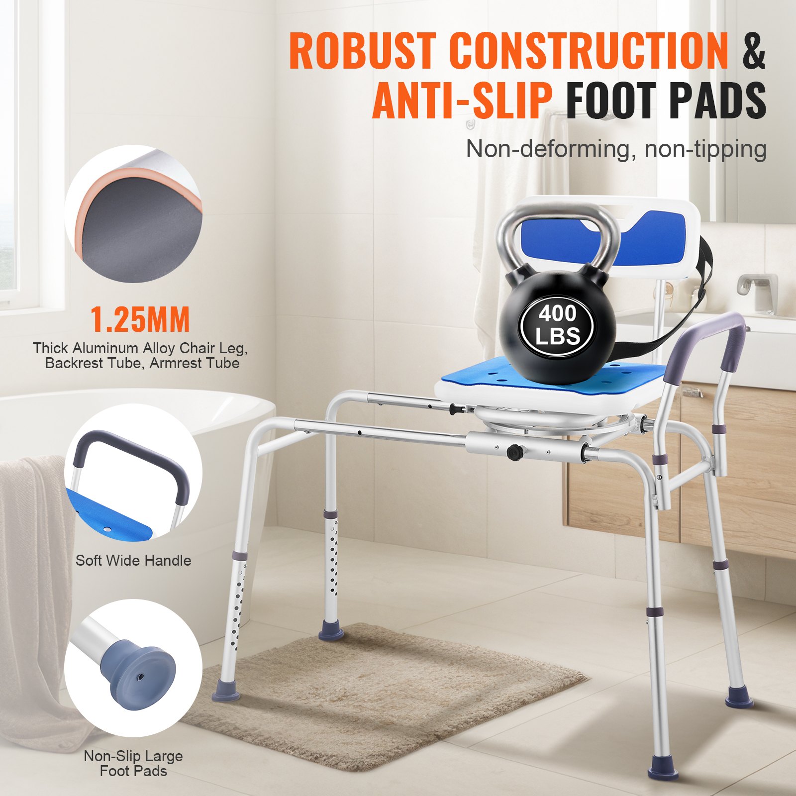 Sliding Tub Transfer Bench with 360 Degree Swivel Seat, Height Adjustable Bathtub Transfer Bench with Armrest & Safety Belt, Non-Slip Rotating Shower Chair for Elderly Disabled, 400LBS Capacity - Image 4