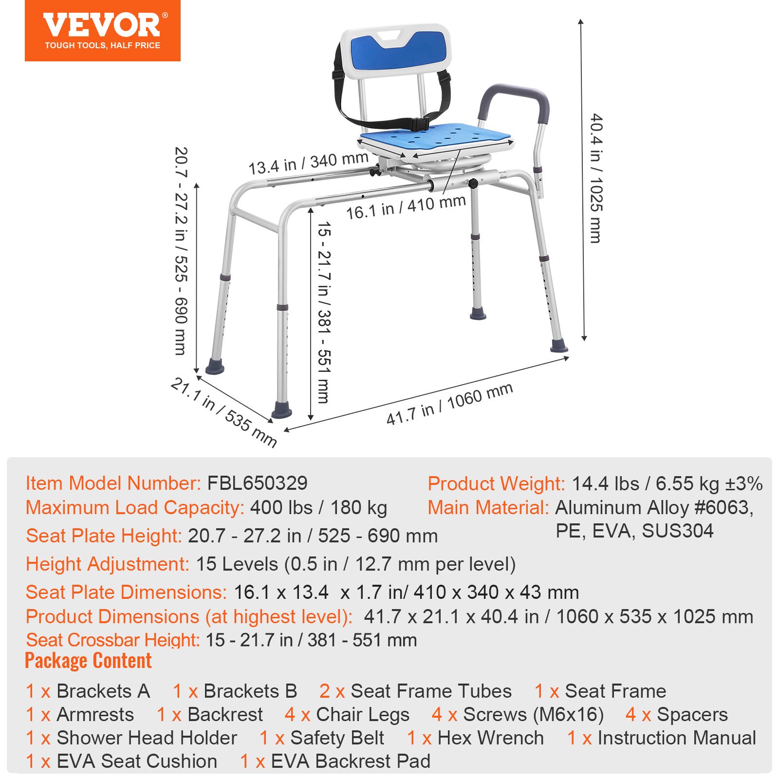 Sliding Tub Transfer Bench with 360 Degree Swivel Seat, Height Adjustable Bathtub Transfer Bench with Armrest & Safety Belt, Non-Slip Rotating Shower Chair for Elderly Disabled, 400LBS Capacity - Image 7