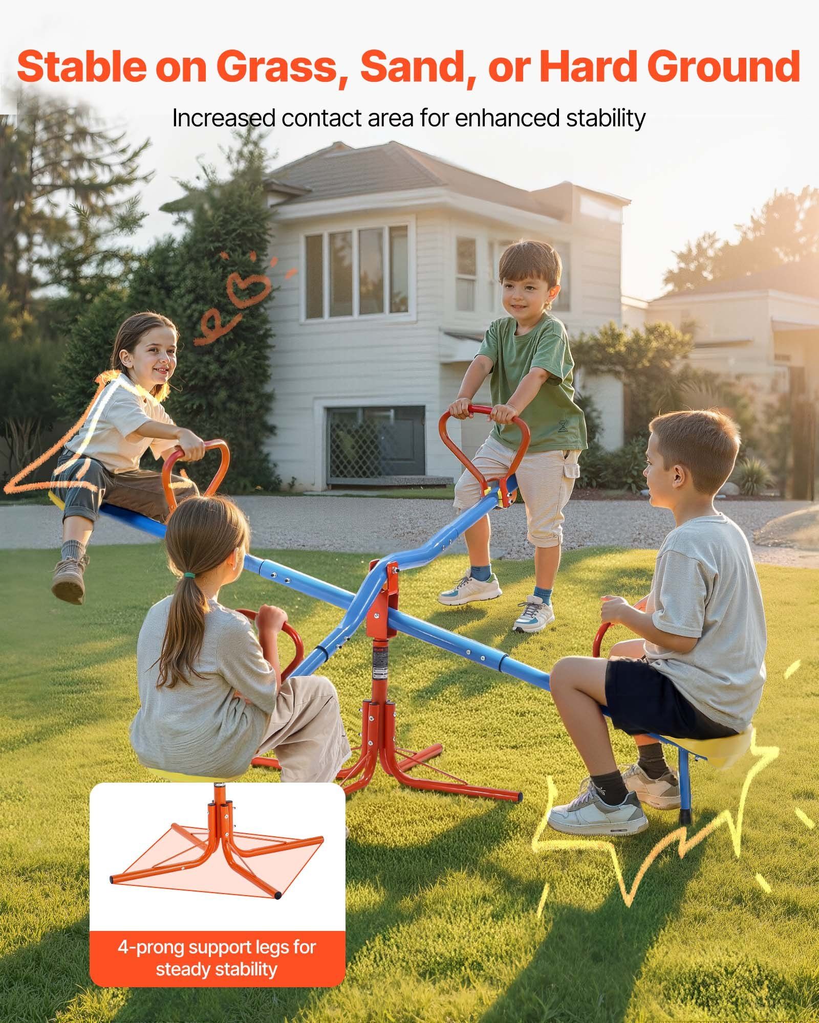 Kids Seesaw, 49.9 kg Load Capacity per Seat, Sit and Spin Teeter Totter with 4-prong Support Legs, Kids Outdoor Playground Equipment, Swiveling 360 Degrees Rotating for Children Aged 3+, 4 Seats - Image 2