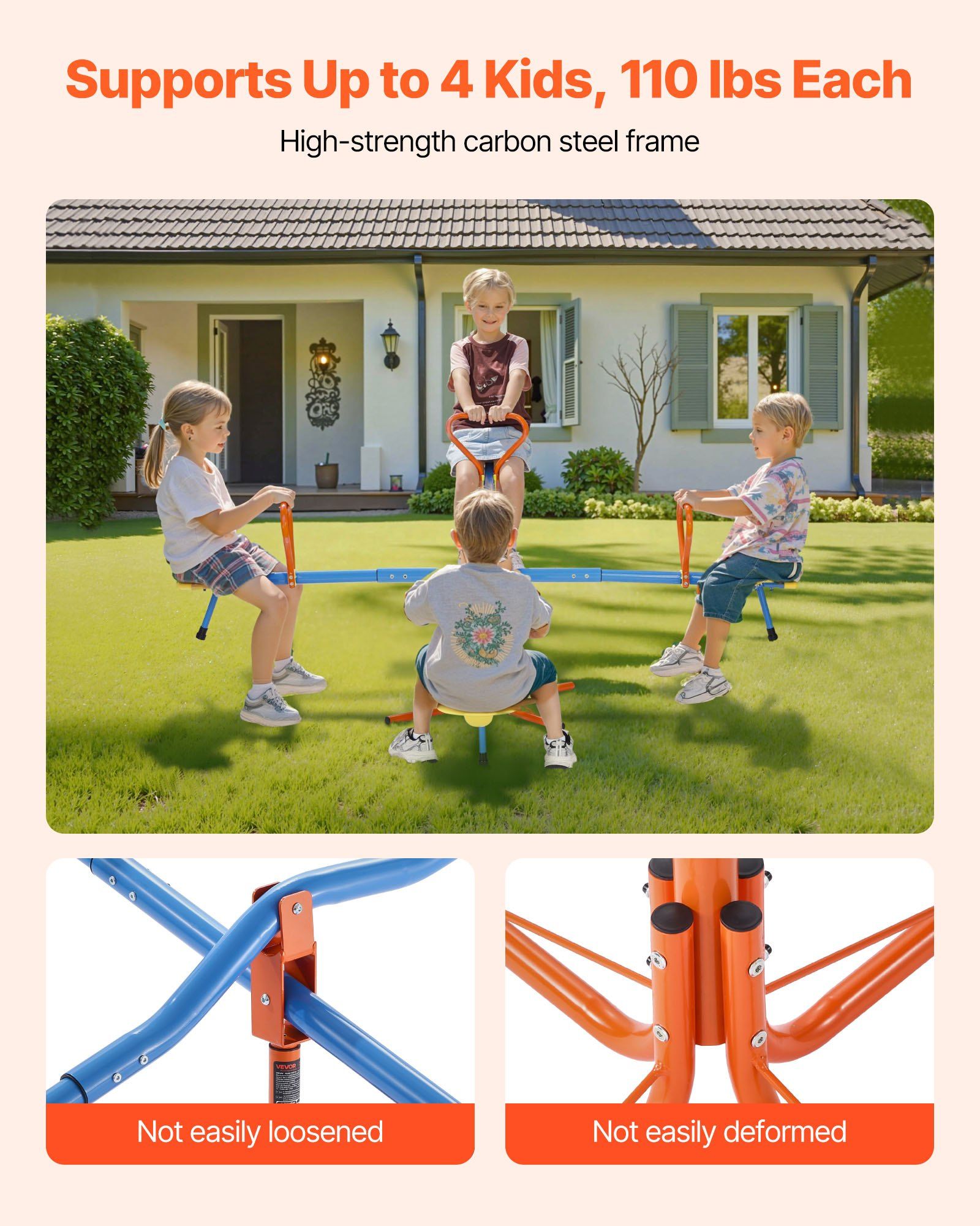Kids Seesaw, 49.9 kg Load Capacity per Seat, Sit and Spin Teeter Totter with 4-prong Support Legs, Kids Outdoor Playground Equipment, Swiveling 360 Degrees Rotating for Children Aged 3+, 4 Seats - Image 4