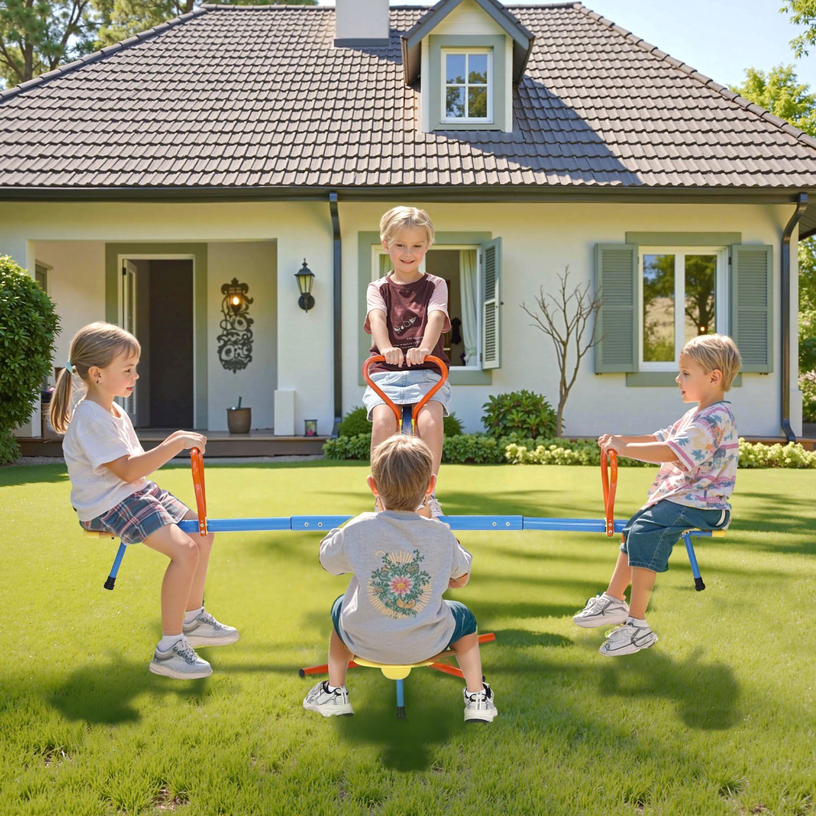 Kids Seesaw, 49.9 kg Load Capacity per Seat, Sit and Spin Teeter Totter with 4-prong Support Legs, Kids Outdoor Playground Equipment, Swiveling 360 Degrees Rotating for Children Aged 3+, 4 Seats - Image 8
