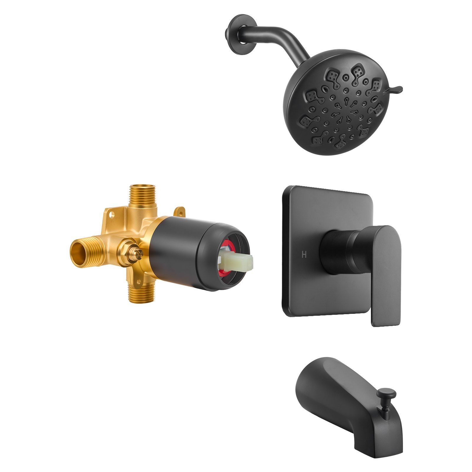Tub and Shower Faucet Set, 127 mm Rainfall Shower Head and Bathtub Spout, Complete Single-Handle Tub Trim Kit with Brass Pressure Balancing Valve, 8-Setting Adjustable Spray Modes, Matte Black - Image 1