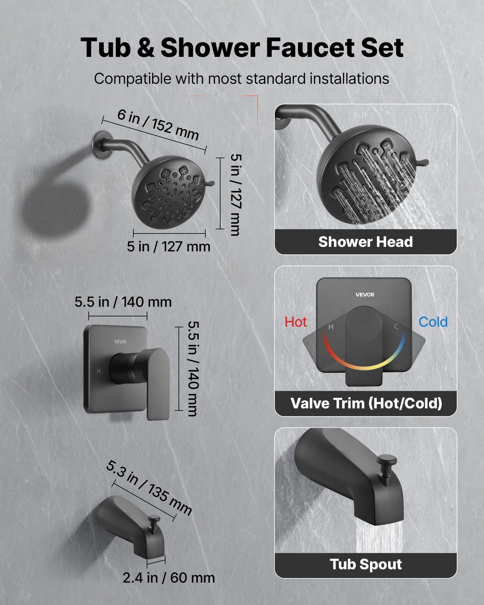 Tub and Shower Faucet Set, 127 mm Rainfall Shower Head and Bathtub Spout, Complete Single-Handle Tub Trim Kit with Brass Pressure Balancing Valve, 8-Setting Adjustable Spray Modes, Matte Black - Image 2