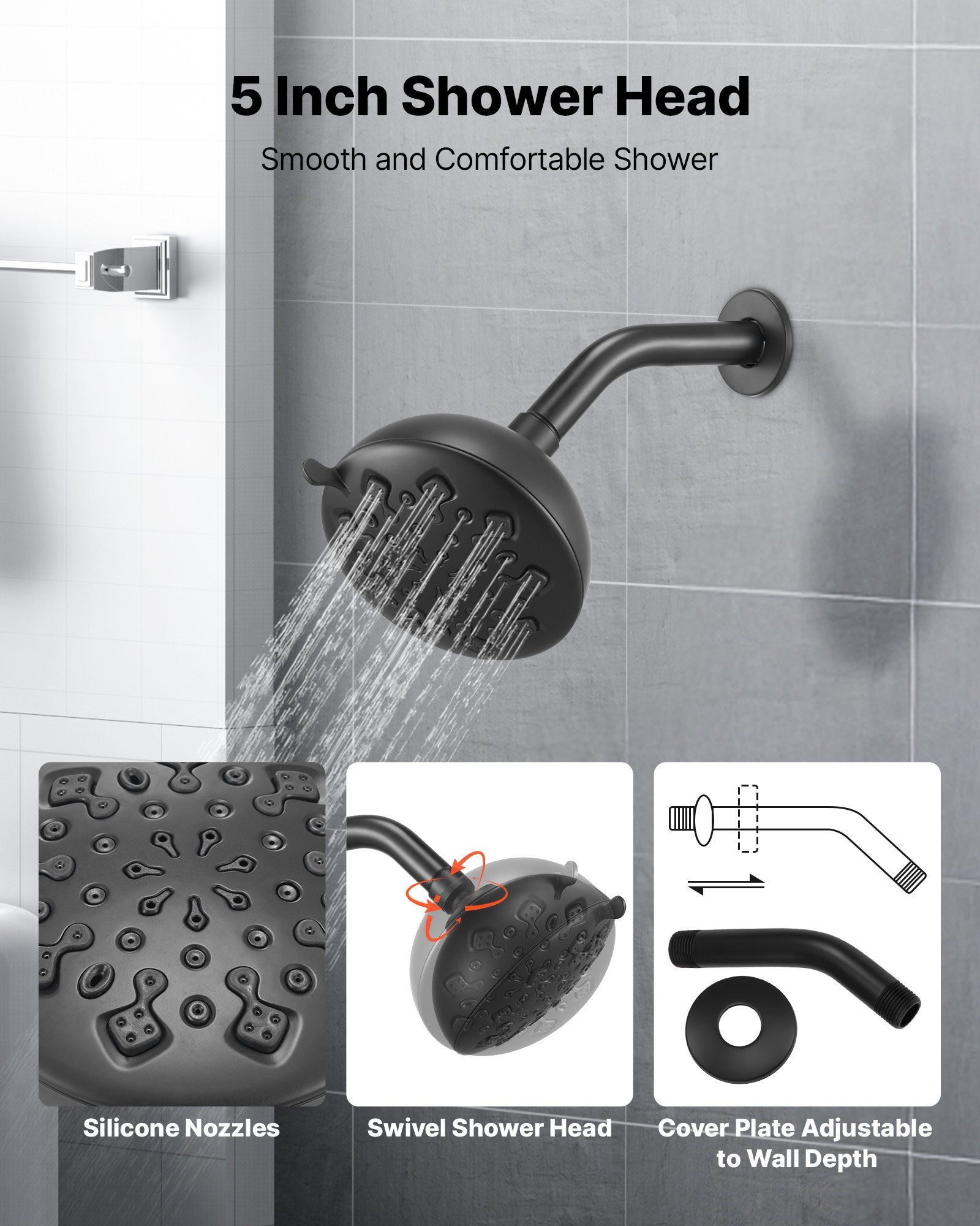 Tub and Shower Faucet Set, 127 mm Rainfall Shower Head and Bathtub Spout, Complete Single-Handle Tub Trim Kit with Brass Pressure Balancing Valve, 8-Setting Adjustable Spray Modes, Matte Black - Image 4