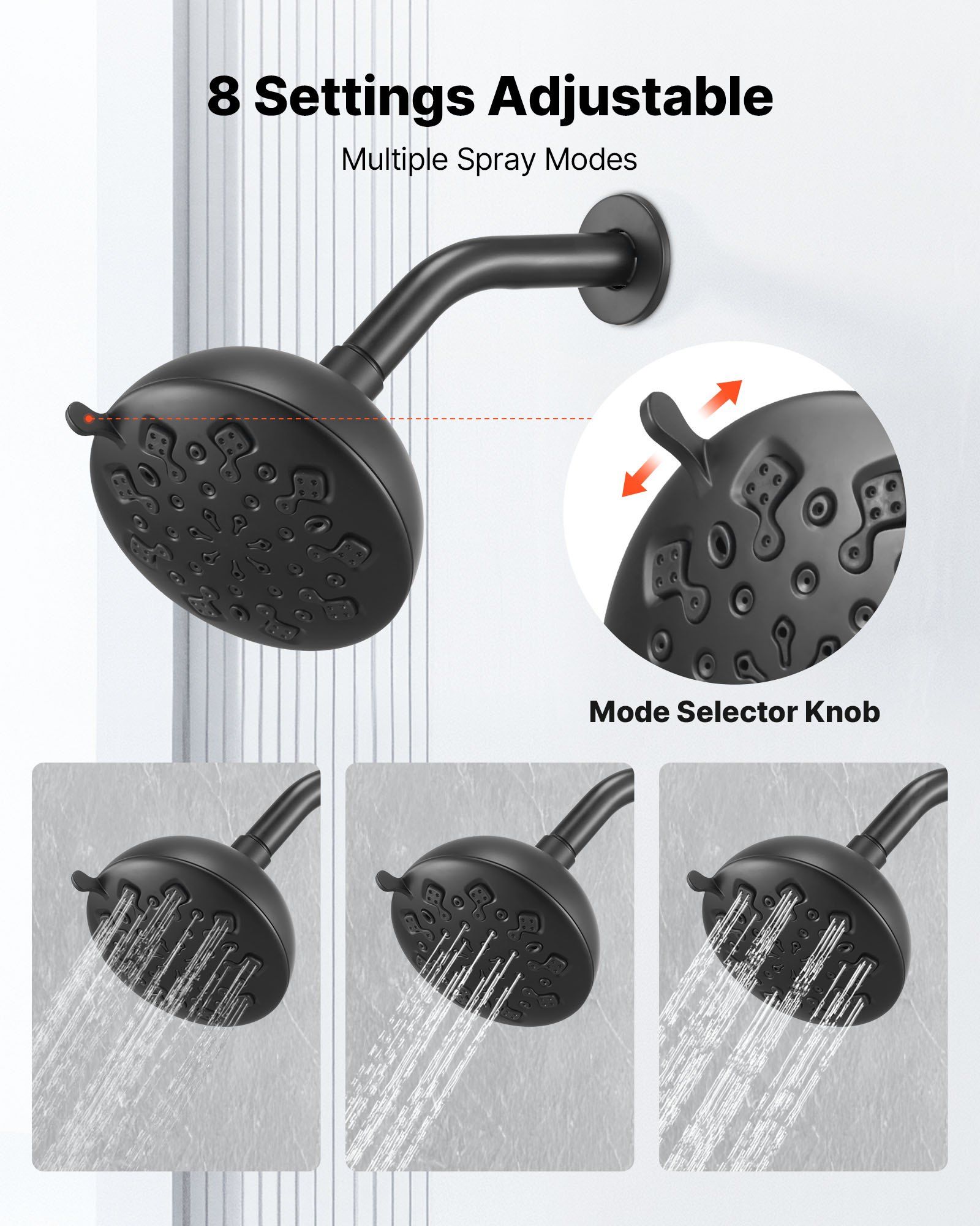Tub and Shower Faucet Set, 127 mm Rainfall Shower Head and Bathtub Spout, Complete Single-Handle Tub Trim Kit with Brass Pressure Balancing Valve, 8-Setting Adjustable Spray Modes, Matte Black - Image 5