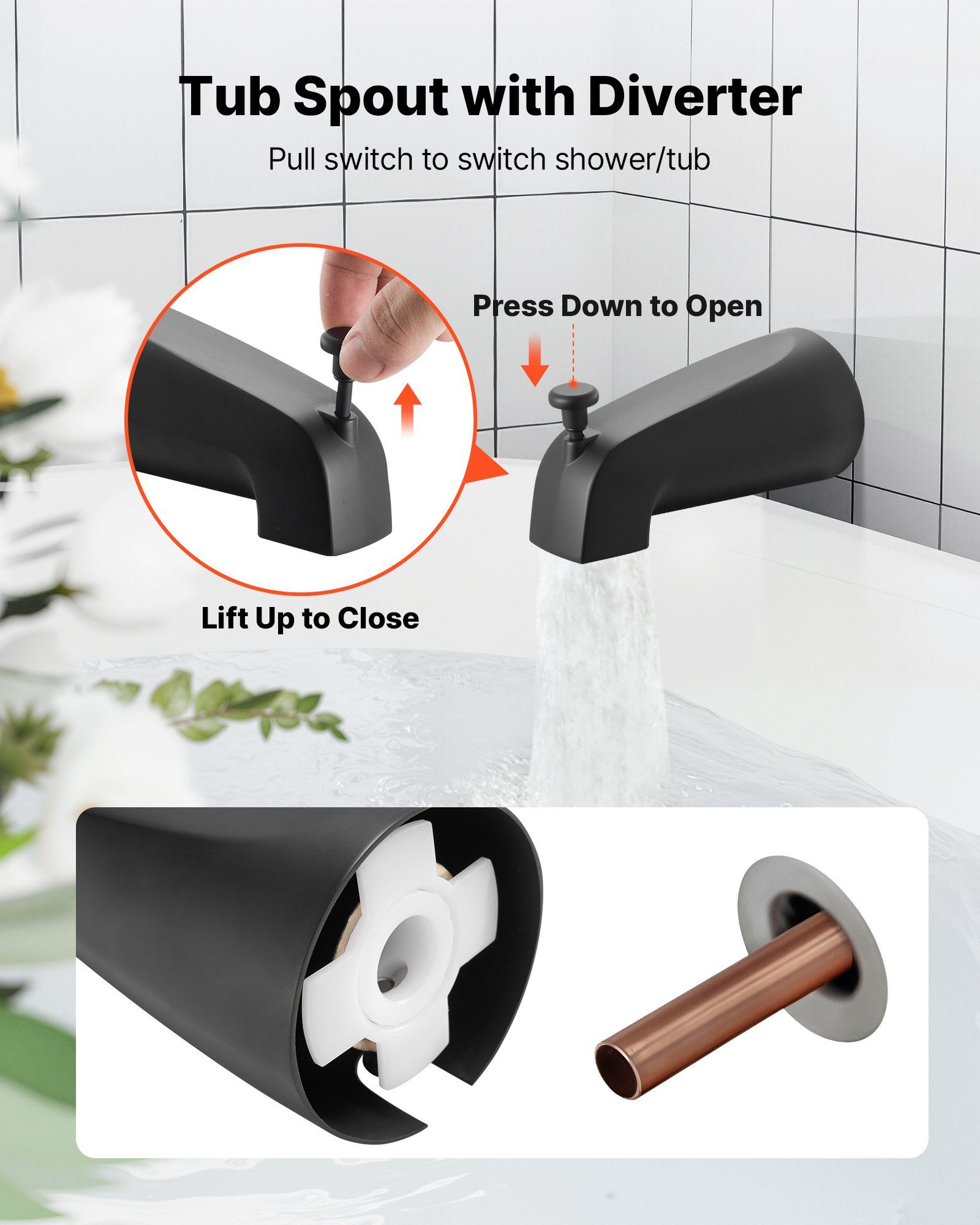 Tub and Shower Faucet Set, 127 mm Rainfall Shower Head and Bathtub Spout, Complete Single-Handle Tub Trim Kit with Brass Pressure Balancing Valve, 8-Setting Adjustable Spray Modes, Matte Black - Image 6