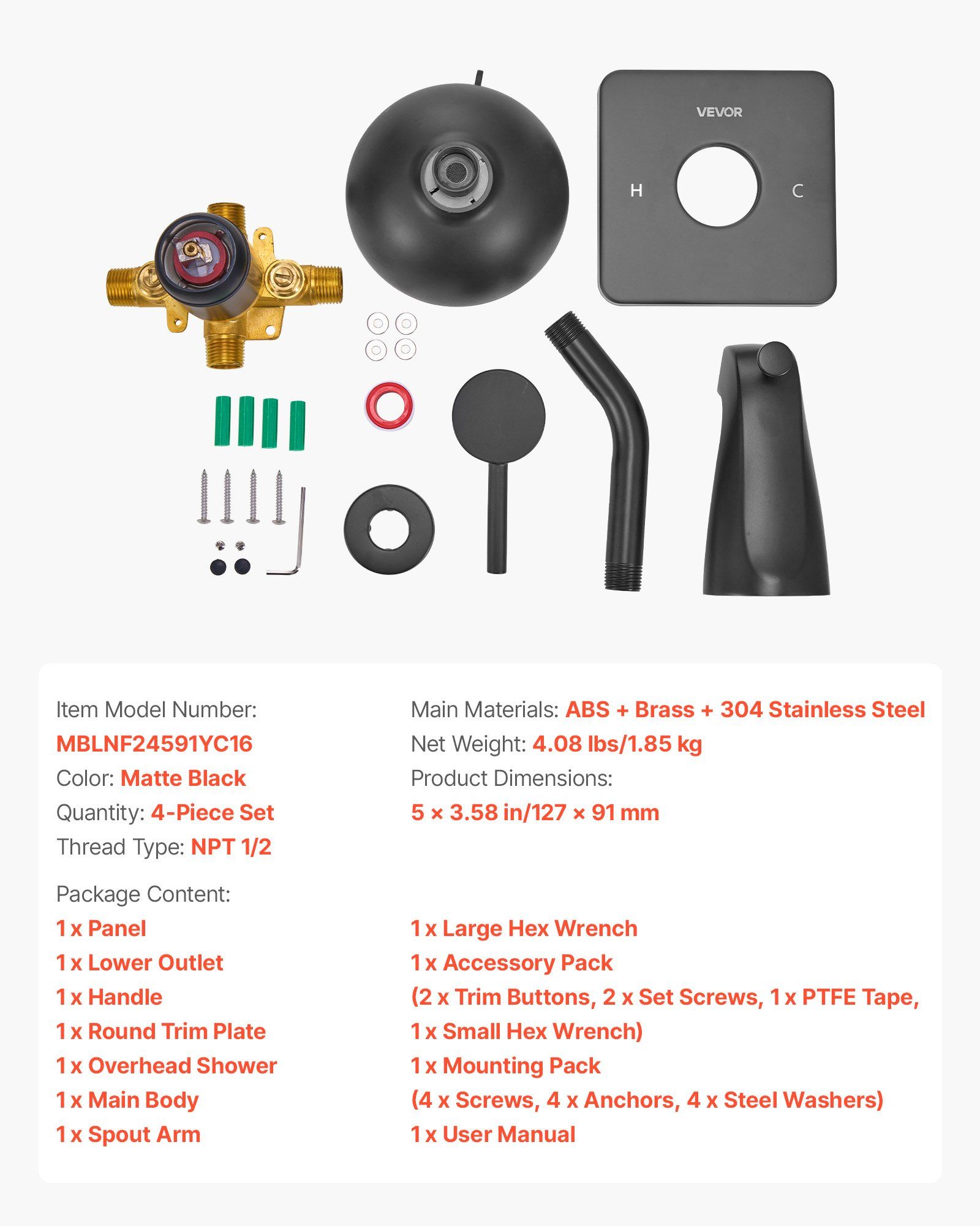 Tub and Shower Faucet Set, 127 mm Rainfall Shower Head and Bathtub Spout, Complete Single-Handle Tub Trim Kit with Brass Pressure Balancing Valve, 8-Setting Adjustable Spray Modes, Matte Black - Image 7