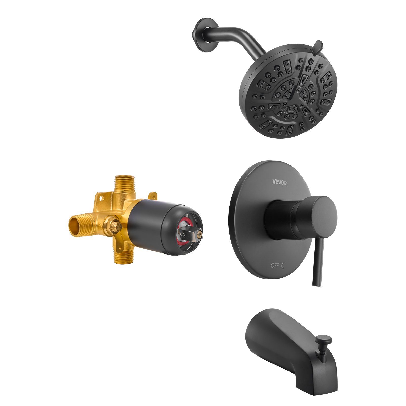 Tub and Shower Faucet Set, Complete with 127 mm Rainfall Shower Head and Bathtub Spout, 8-Setting Adjustable Spray, Single-Handle Tub Trim Kit with Brass Pressure Balancing Valve, Matte Black - Image 1