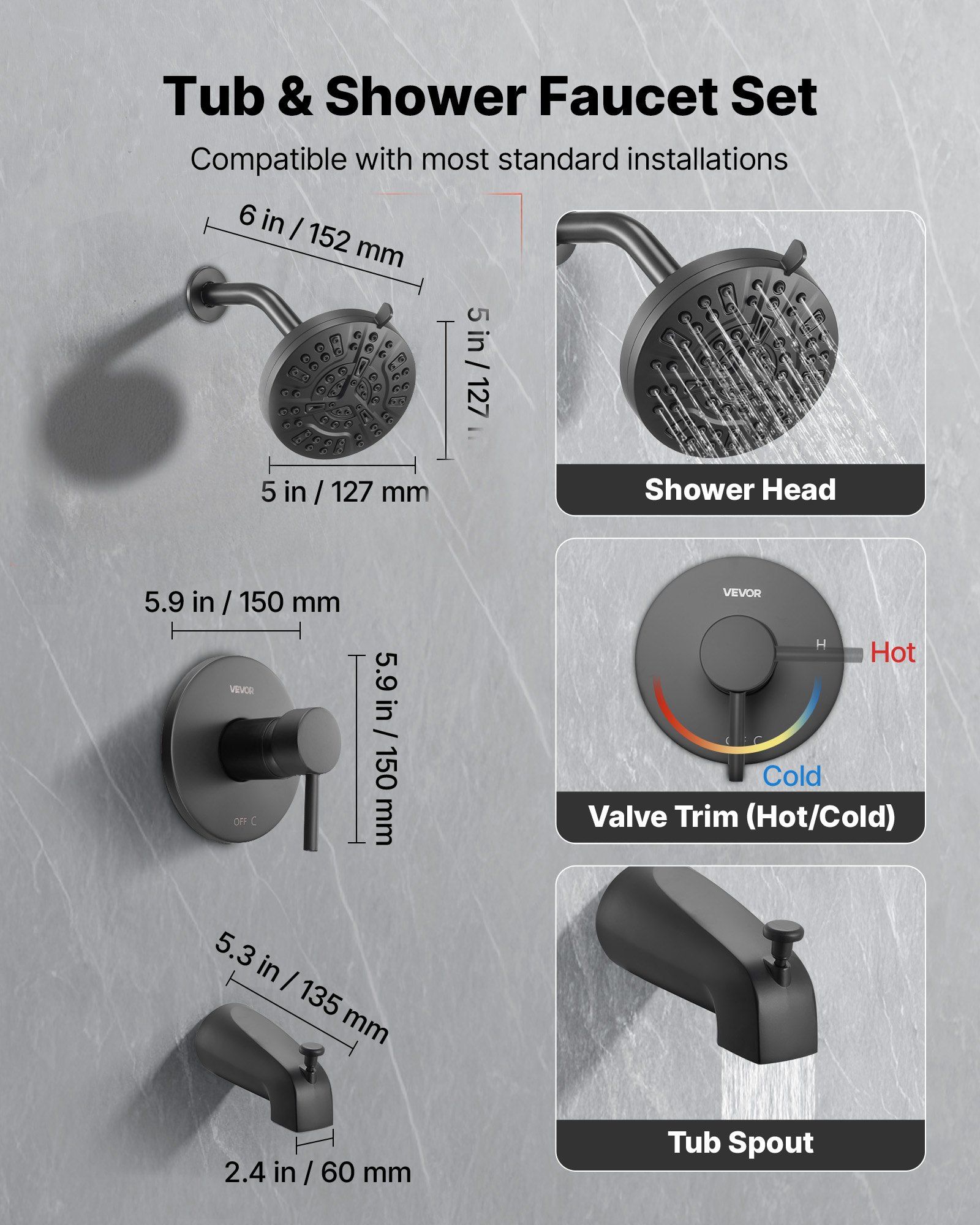 Tub and Shower Faucet Set, Complete with 127 mm Rainfall Shower Head and Bathtub Spout, 8-Setting Adjustable Spray, Single-Handle Tub Trim Kit with Brass Pressure Balancing Valve, Matte Black - Image 2