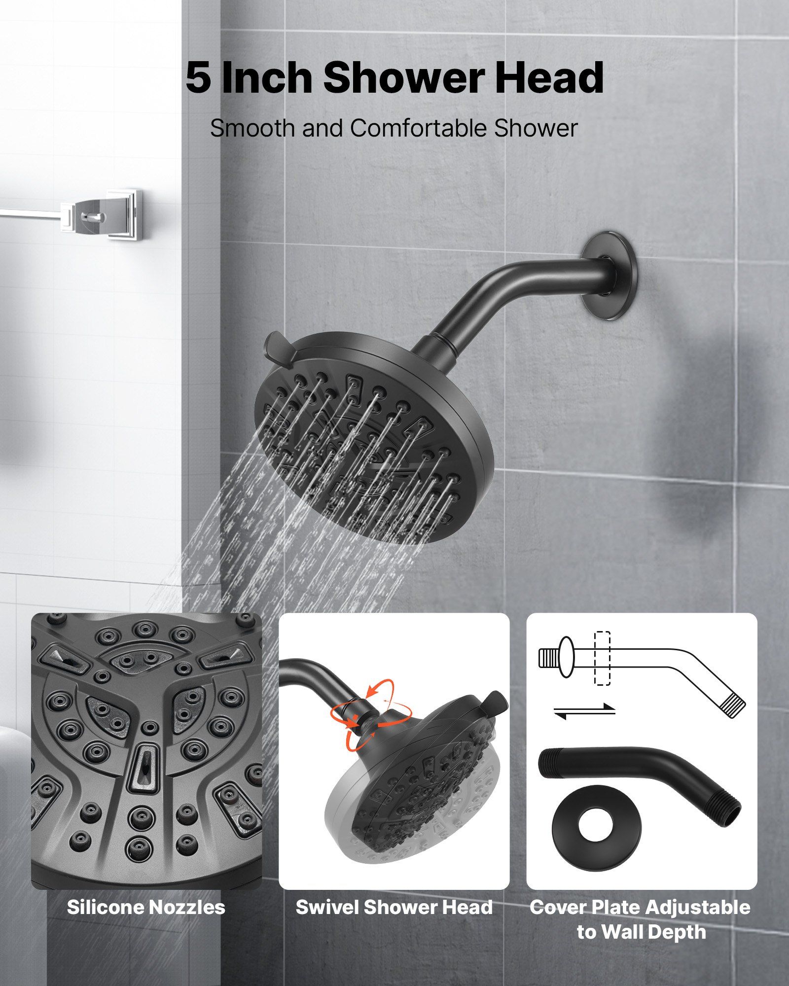 Tub and Shower Faucet Set, Complete with 127 mm Rainfall Shower Head and Bathtub Spout, 8-Setting Adjustable Spray, Single-Handle Tub Trim Kit with Brass Pressure Balancing Valve, Matte Black - Image 4
