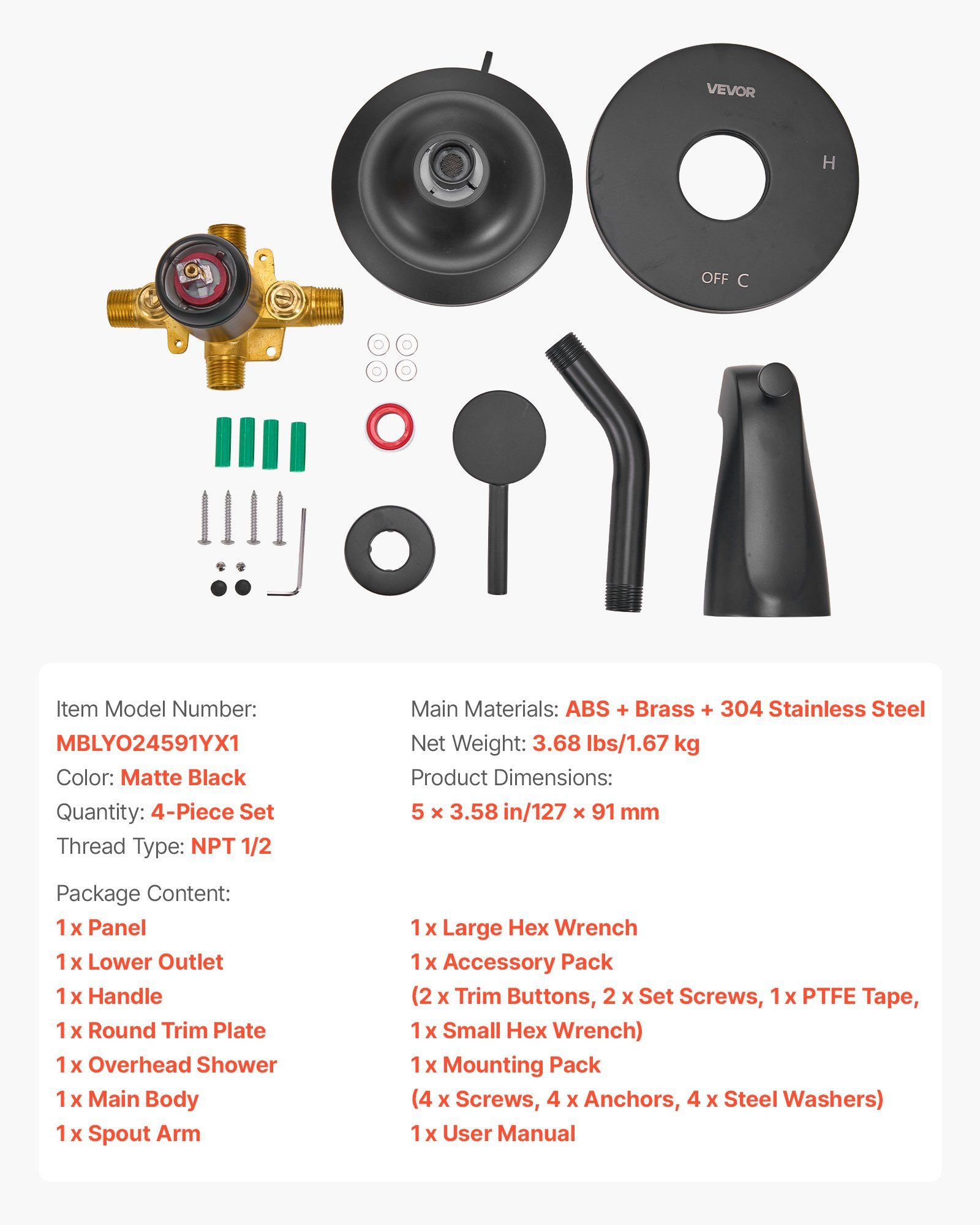 Tub and Shower Faucet Set, Complete with 127 mm Rainfall Shower Head and Bathtub Spout, 8-Setting Adjustable Spray, Single-Handle Tub Trim Kit with Brass Pressure Balancing Valve, Matte Black - Image 7