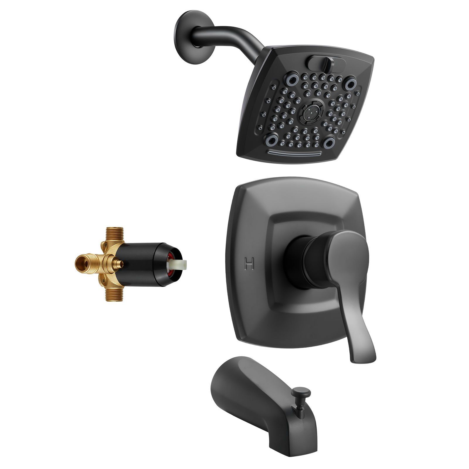 Tub and Shower Faucet Set, Complete with 130 mm Rainfall Shower Head and Bathtub Spout, 5-Setting Adjustable Spray, Single-Handle Tub Trim Kit with Brass Pressure Balancing Valve, Matte Black - Image 1
