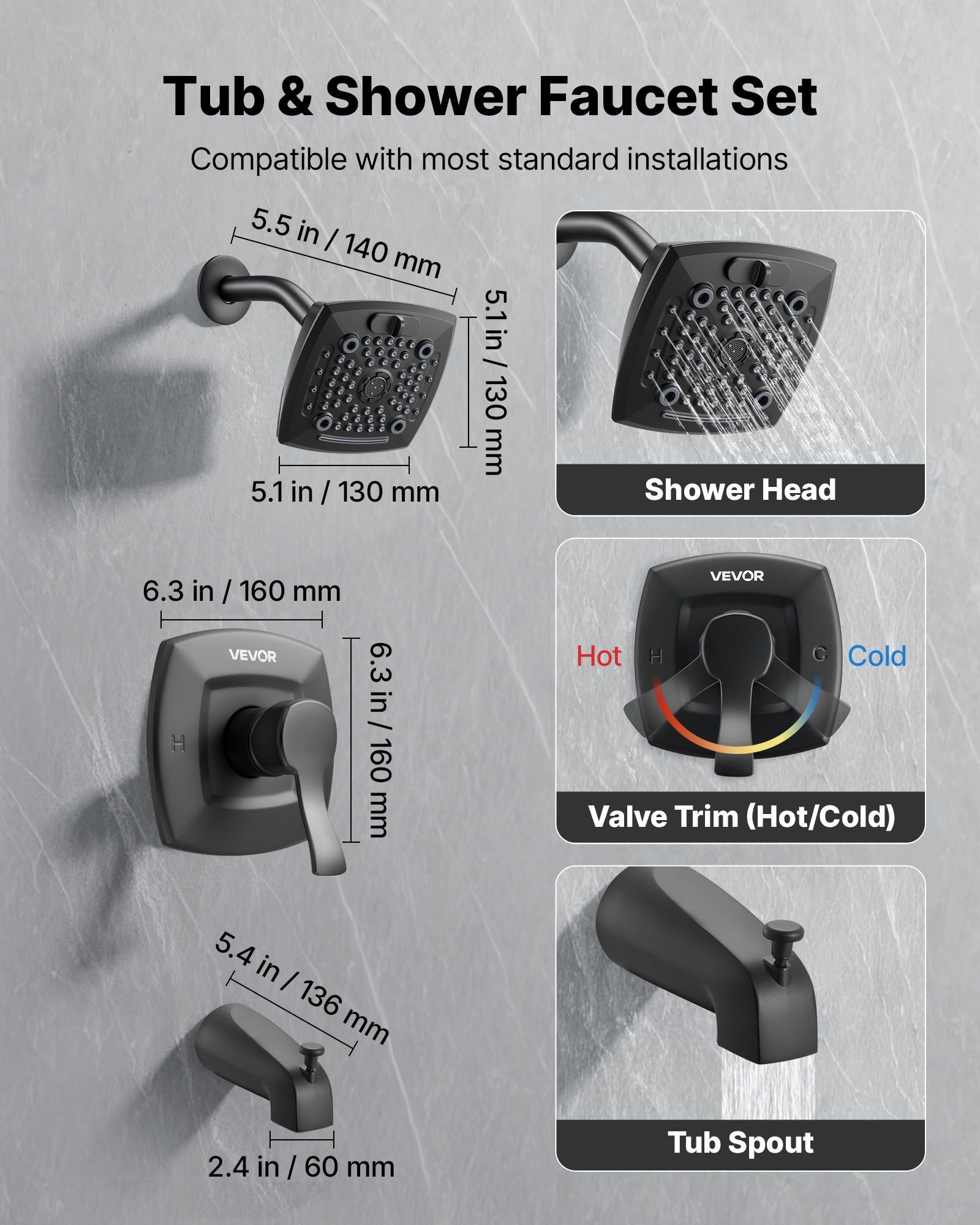 Tub and Shower Faucet Set, Complete with 130 mm Rainfall Shower Head and Bathtub Spout, 5-Setting Adjustable Spray, Single-Handle Tub Trim Kit with Brass Pressure Balancing Valve, Matte Black - Image 2