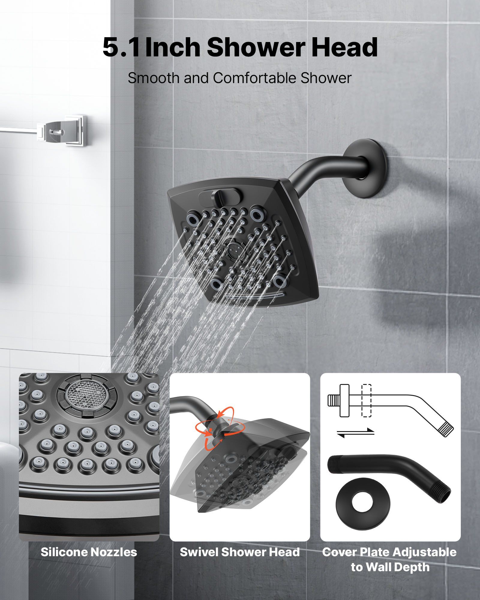 Tub and Shower Faucet Set, Complete with 130 mm Rainfall Shower Head and Bathtub Spout, 5-Setting Adjustable Spray, Single-Handle Tub Trim Kit with Brass Pressure Balancing Valve, Matte Black - Image 4