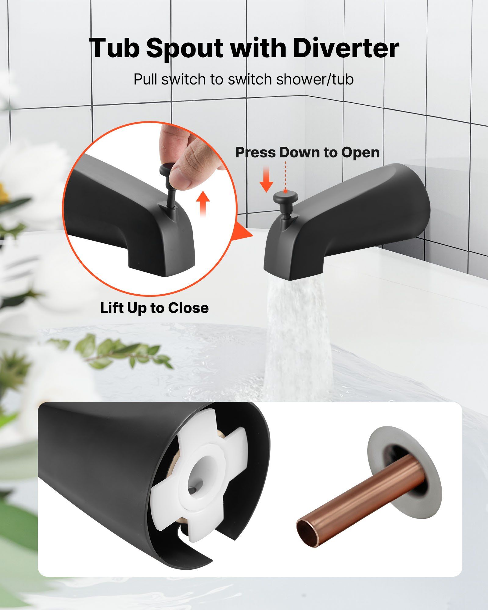 Tub and Shower Faucet Set, Complete with 130 mm Rainfall Shower Head and Bathtub Spout, 5-Setting Adjustable Spray, Single-Handle Tub Trim Kit with Brass Pressure Balancing Valve, Matte Black - Image 6