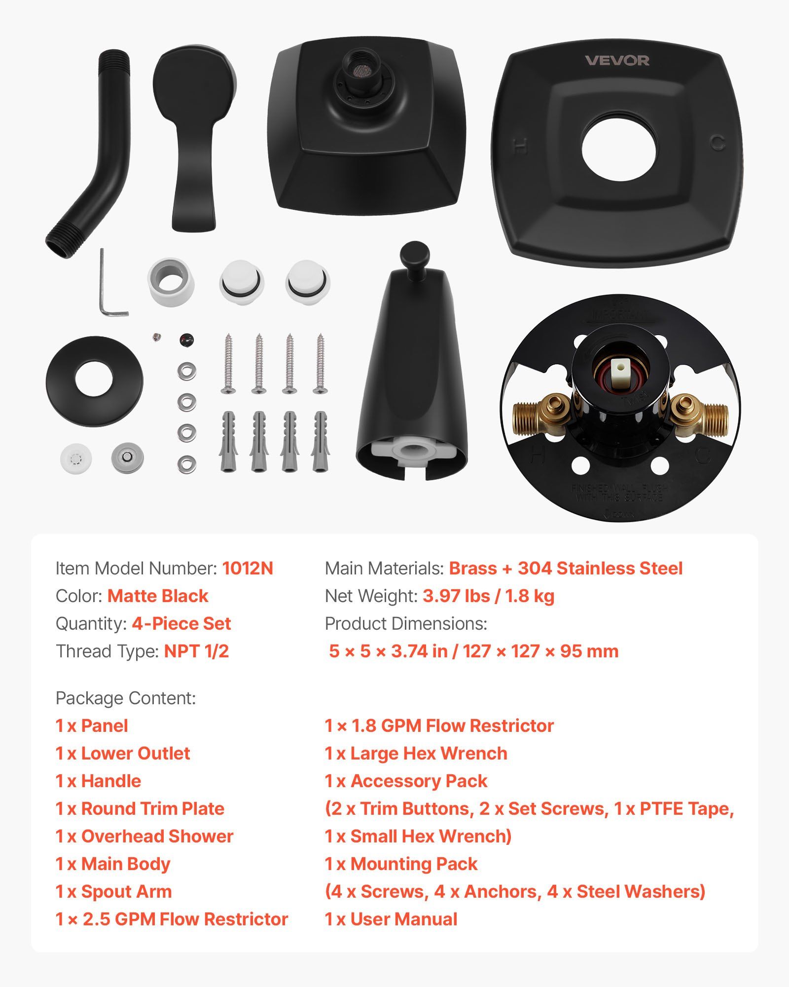 Tub and Shower Faucet Set, Complete with 130 mm Rainfall Shower Head and Bathtub Spout, 5-Setting Adjustable Spray, Single-Handle Tub Trim Kit with Brass Pressure Balancing Valve, Matte Black - Image 7