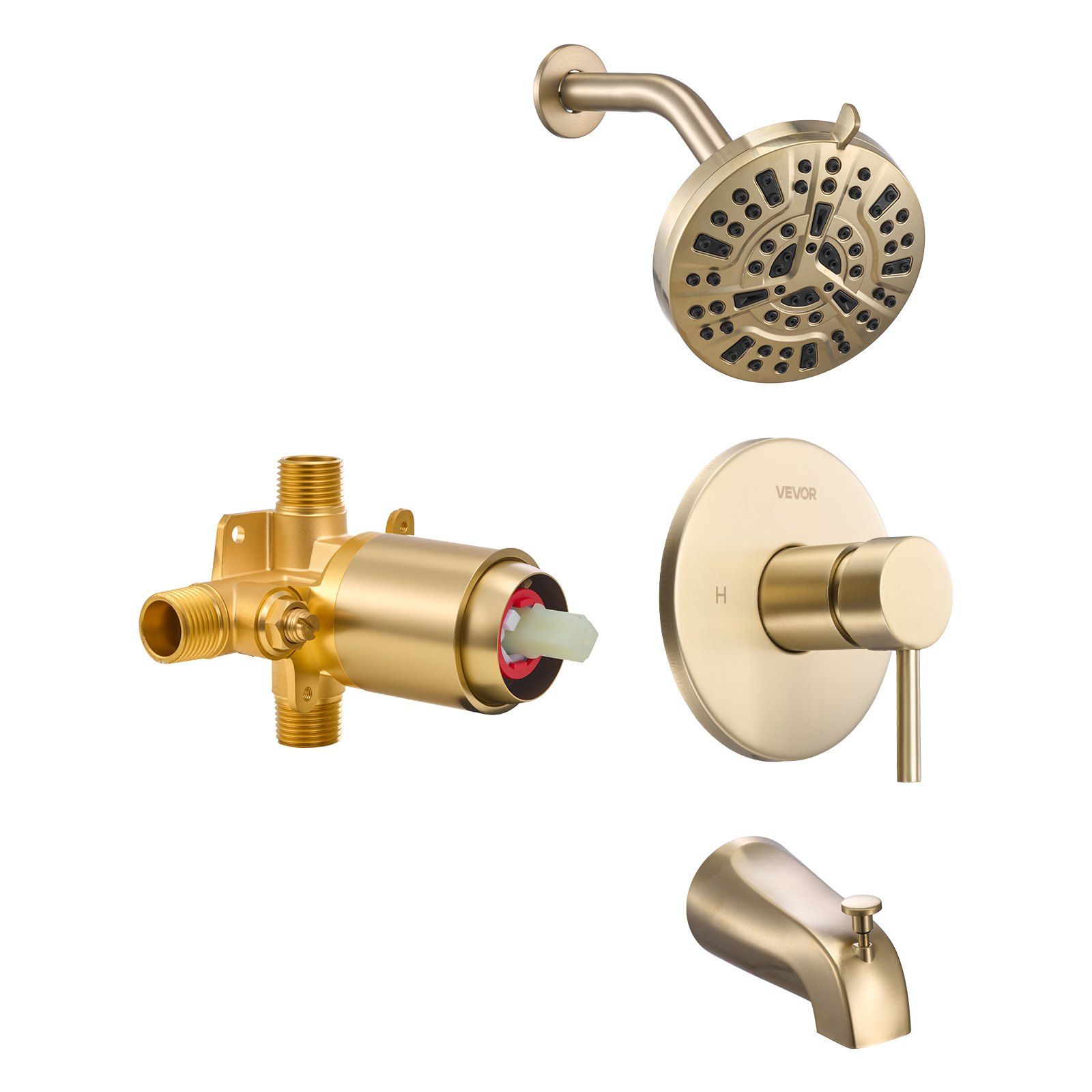 Tub and Shower Faucet Set, Complete with 127 mm Rainfall Shower Head and Bathtub Spout, 8-Setting Adjustable Spray, Single-Handle Tub Trim Kit with Brass Pressure Balancing Valve, Gold Finish - Image 1