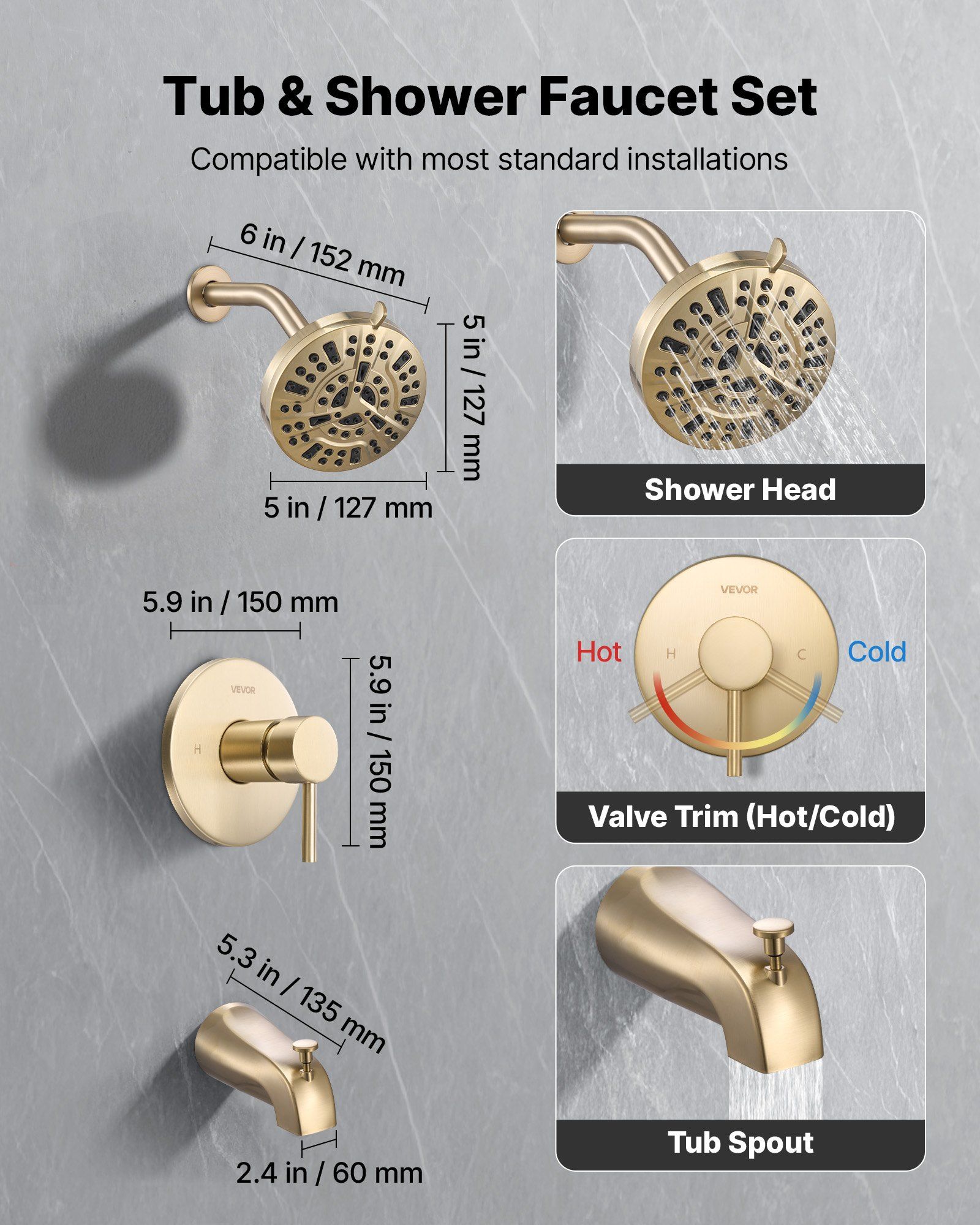 Tub and Shower Faucet Set, Complete with 127 mm Rainfall Shower Head and Bathtub Spout, 8-Setting Adjustable Spray, Single-Handle Tub Trim Kit with Brass Pressure Balancing Valve, Gold Finish - Image 2