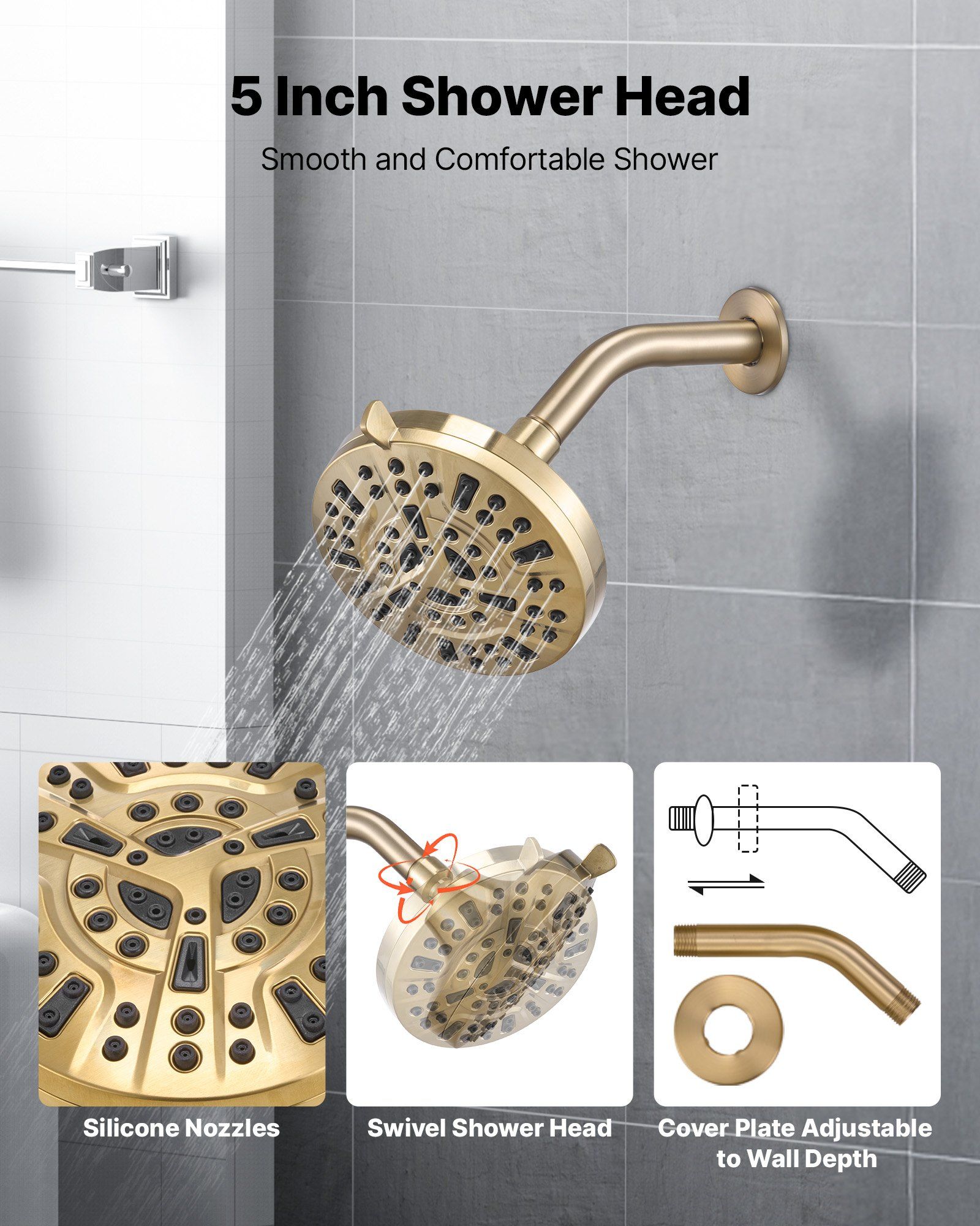 Tub and Shower Faucet Set, Complete with 127 mm Rainfall Shower Head and Bathtub Spout, 8-Setting Adjustable Spray, Single-Handle Tub Trim Kit with Brass Pressure Balancing Valve, Gold Finish - Image 4