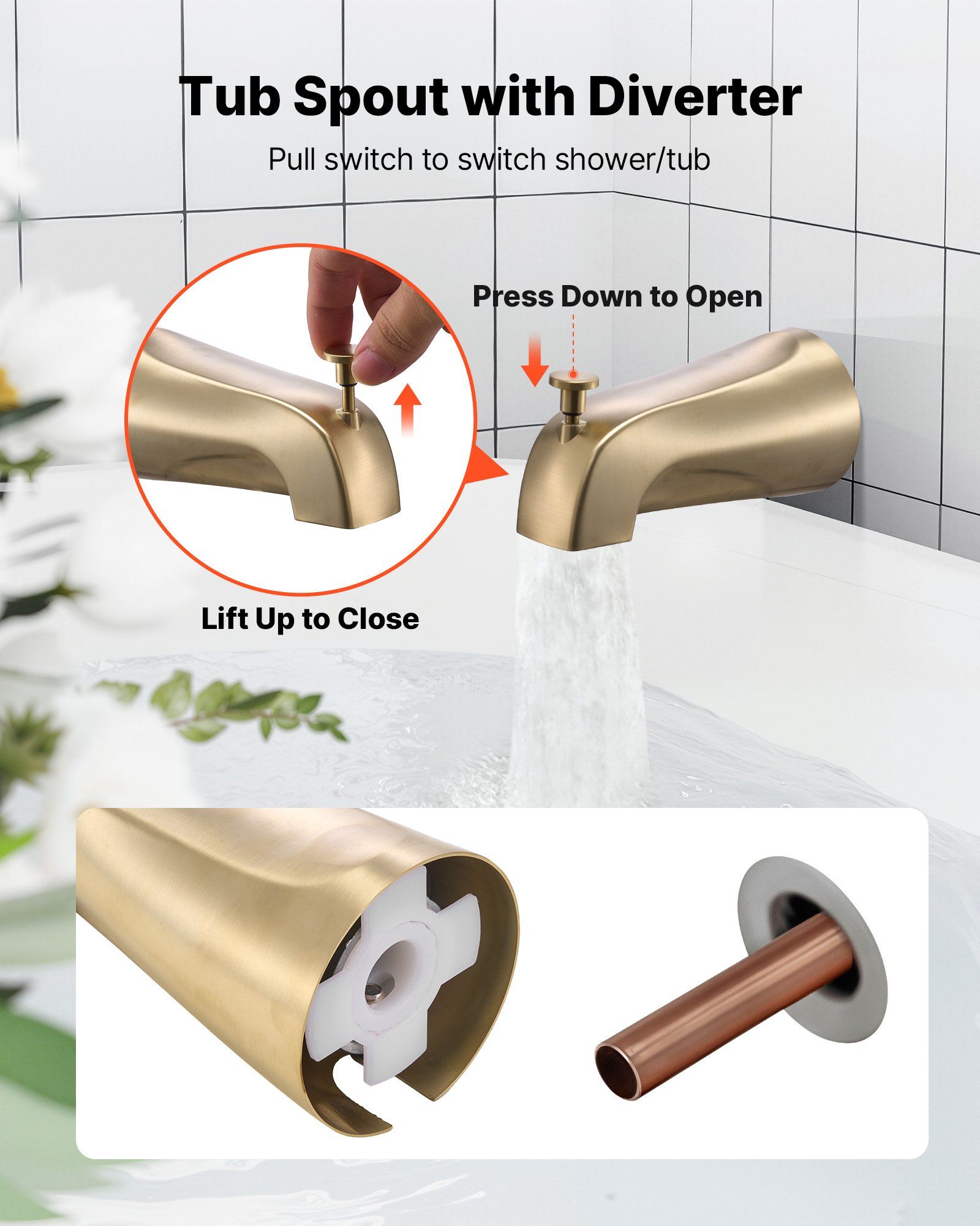 Tub and Shower Faucet Set, Complete with 127 mm Rainfall Shower Head and Bathtub Spout, 8-Setting Adjustable Spray, Single-Handle Tub Trim Kit with Brass Pressure Balancing Valve, Gold Finish - Image 6