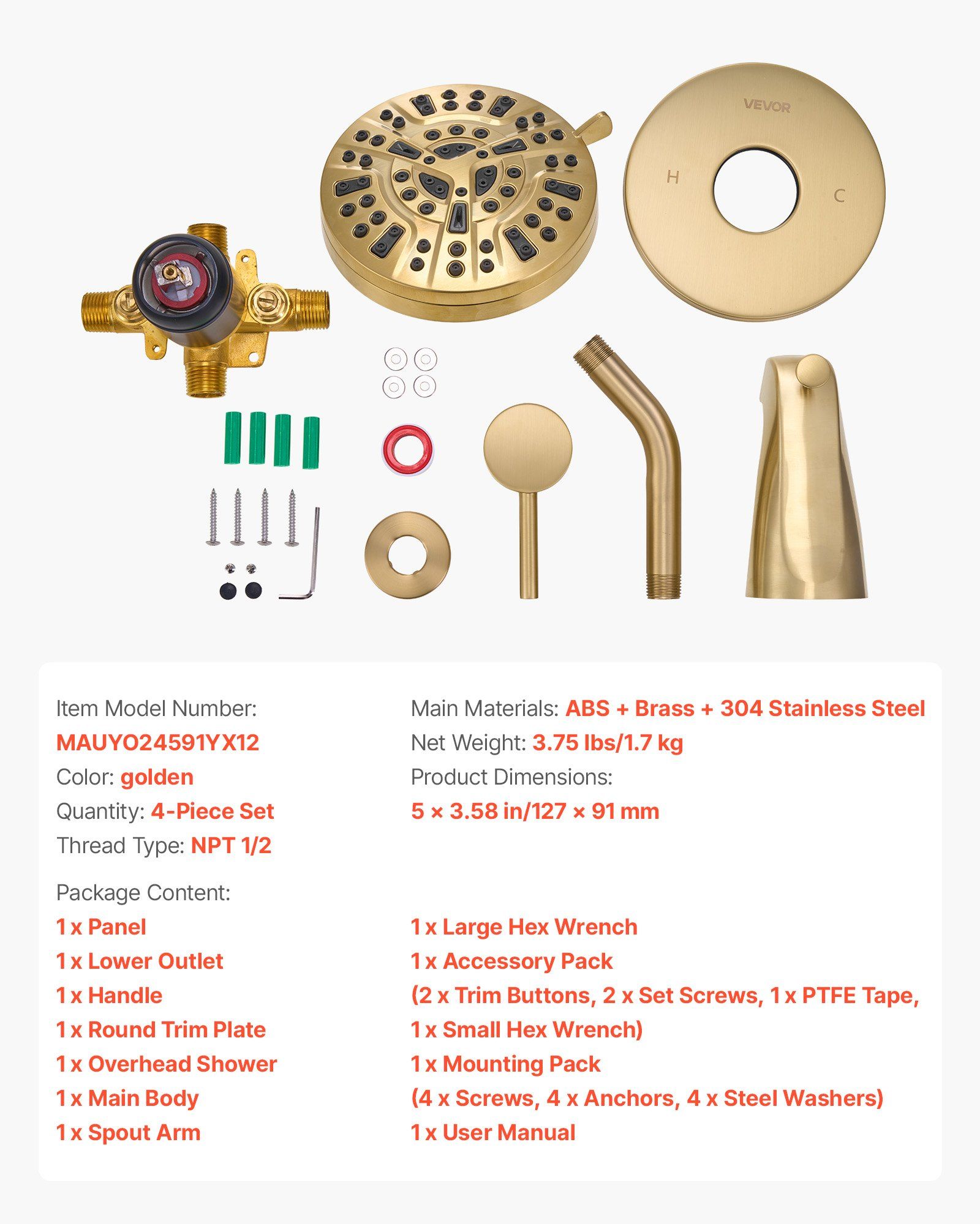 Tub and Shower Faucet Set, Complete with 127 mm Rainfall Shower Head and Bathtub Spout, 8-Setting Adjustable Spray, Single-Handle Tub Trim Kit with Brass Pressure Balancing Valve, Gold Finish - Image 7
