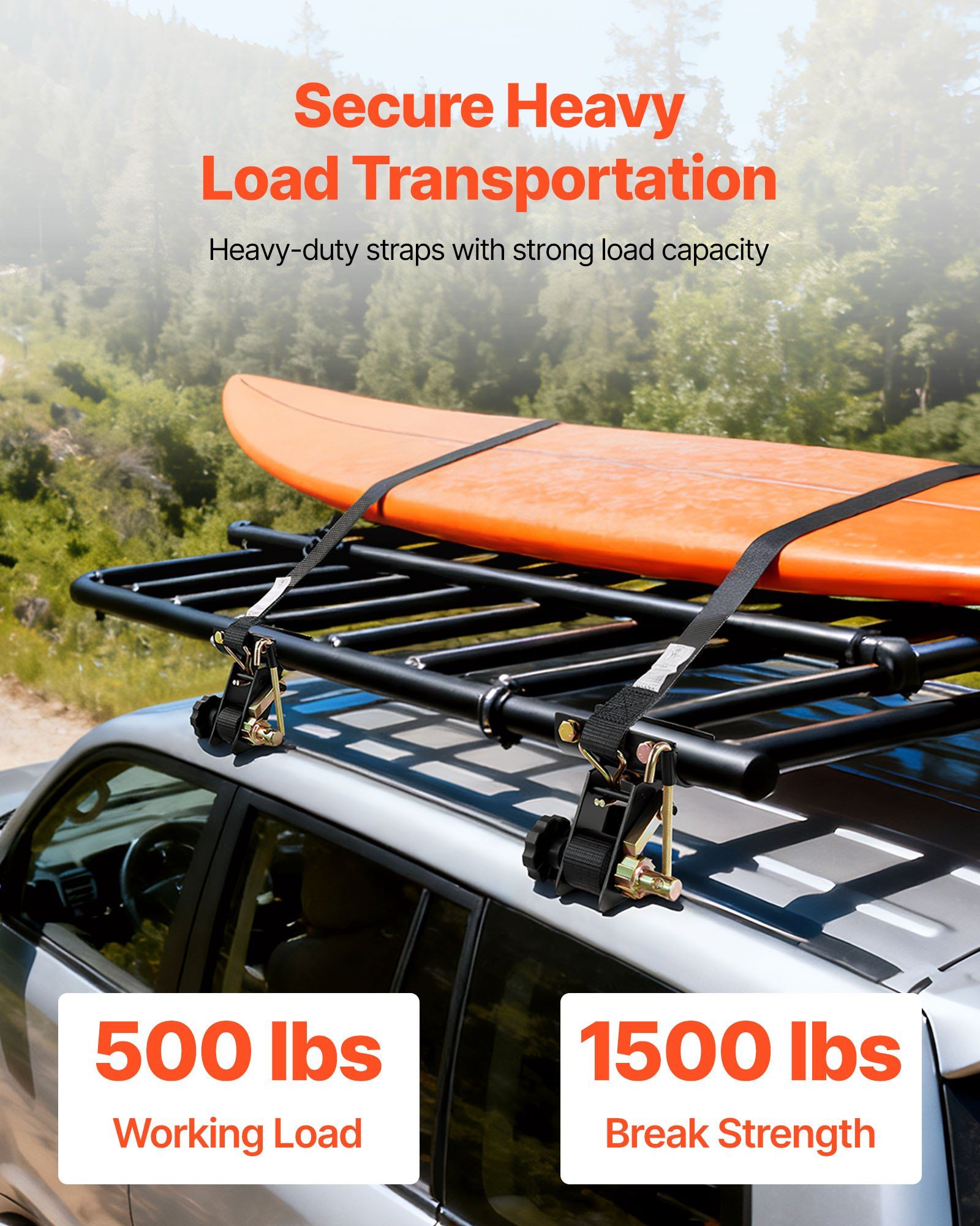 Ladder Rack Ratchet Straps, 47.6-50.8 mm Black Round Tube Mount, 38 mm Wide x 2.25 m Long Black Ladder Rack Straps with Double J-Hooks, 226.8 kg Load Heavy Duty, Cargo Buckle Lock Strap (2 Pack) - Image 2
