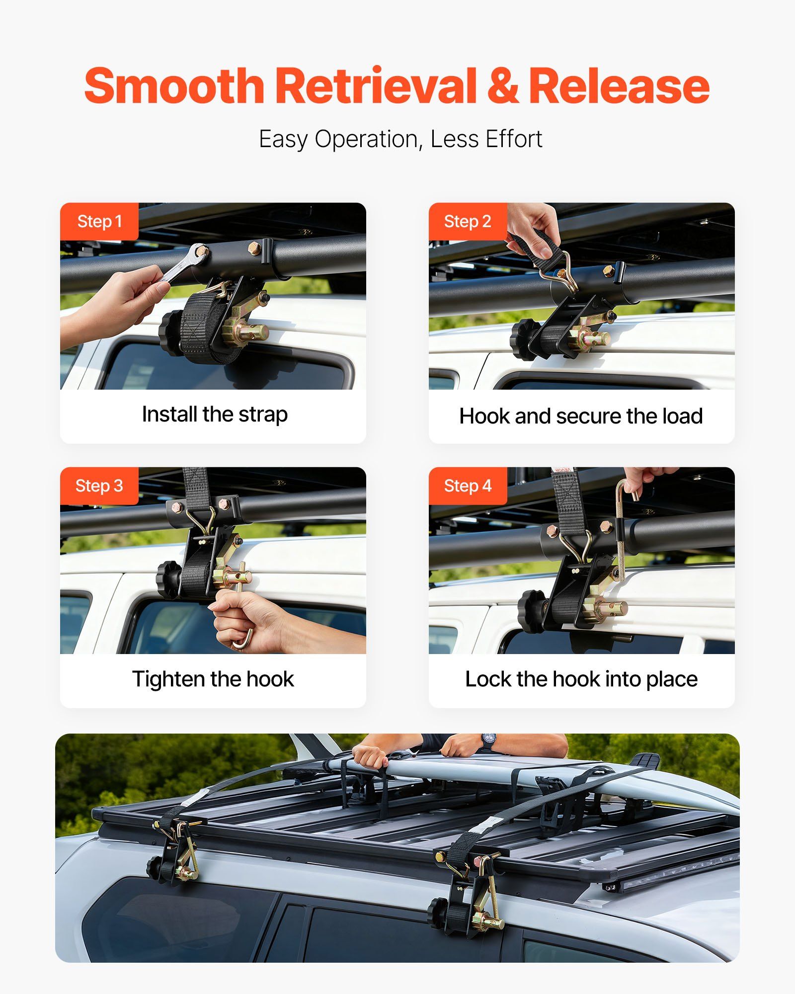 Ladder Rack Ratchet Straps, 47.6-50.8 mm Black Round Tube Mount, 38 mm Wide x 2.25 m Long Black Ladder Rack Straps with Double J-Hooks, 226.8 kg Load Heavy Duty, Cargo Buckle Lock Strap (2 Pack) - Image 3
