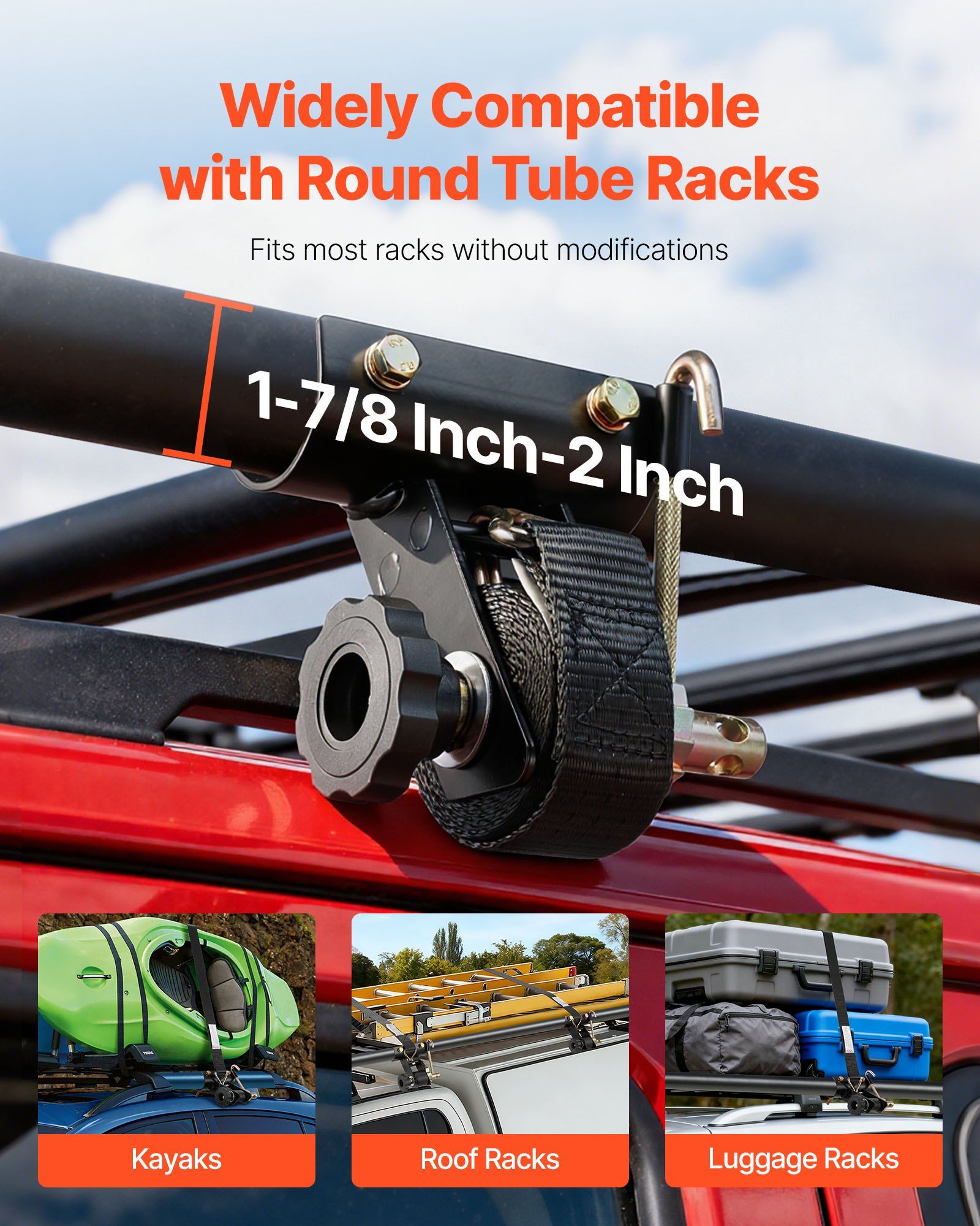 Ladder Rack Ratchet Straps, 47.6-50.8 mm Black Round Tube Mount, 38 mm Wide x 2.25 m Long Black Ladder Rack Straps with Double J-Hooks, 226.8 kg Load Heavy Duty, Cargo Buckle Lock Strap (2 Pack) - Image 4