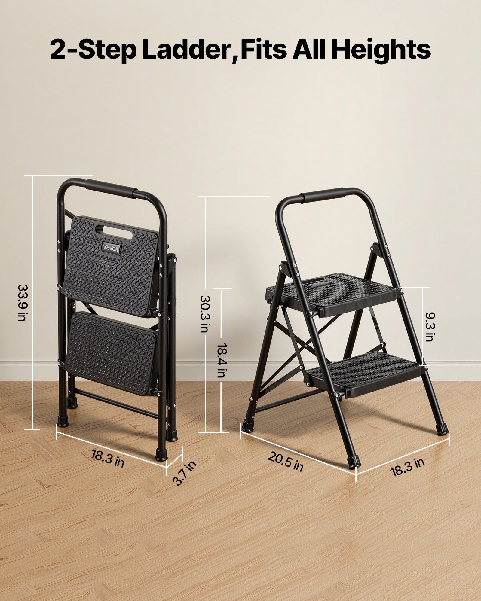 2 Step Ladder, Folding Step Stool with Wide Anti-Slip Pedal and Comfort Handgrip, Lightweight 272 kg Capacity Portable Steel Ladder, Multi-Use for Kitchen, Home, Household and Office, Black - Image 2
