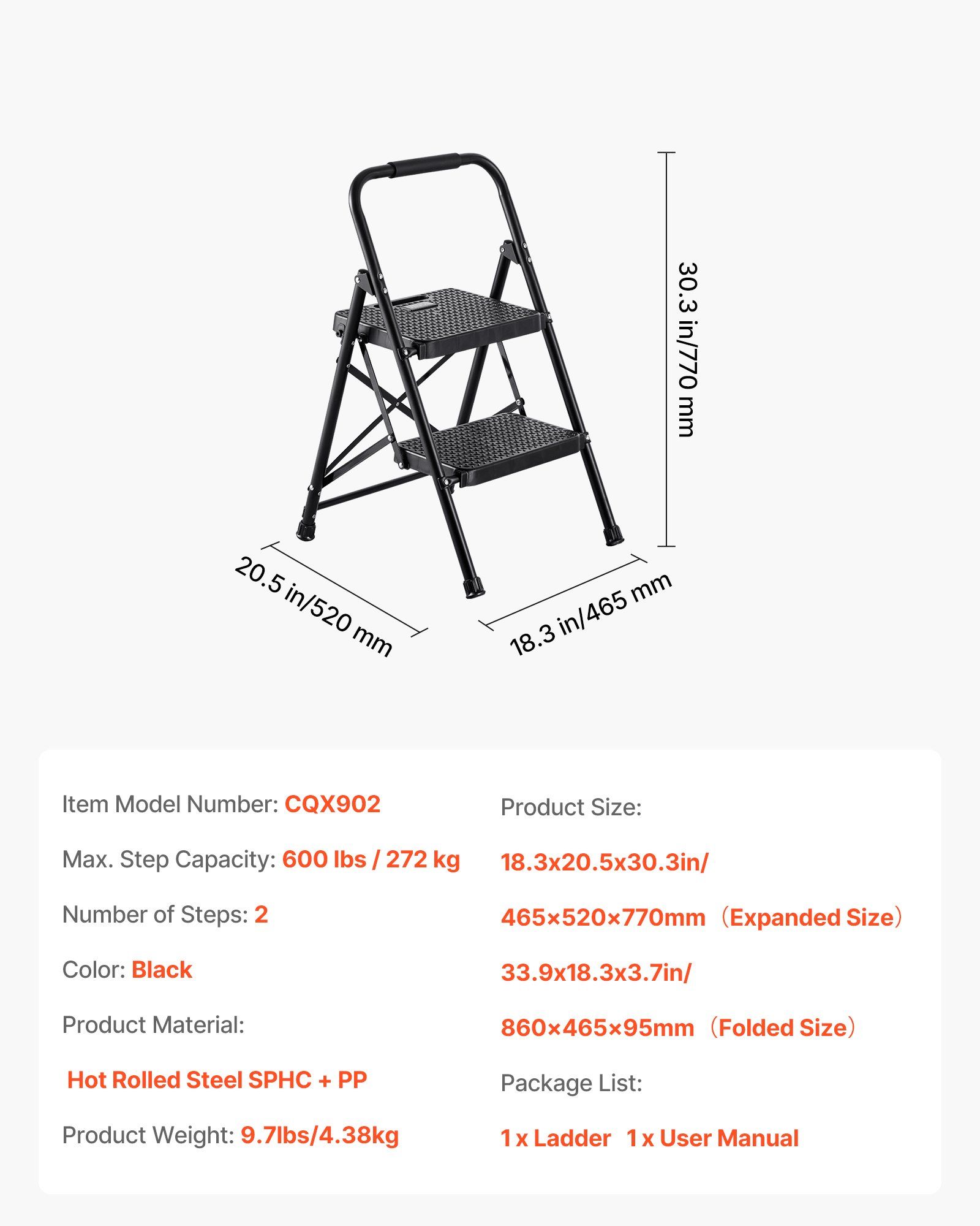 2 Step Ladder, Folding Step Stool with Wide Anti-Slip Pedal and Comfort Handgrip, Lightweight 272 kg Capacity Portable Steel Ladder, Multi-Use for Kitchen, Home, Household and Office, Black - Image 6