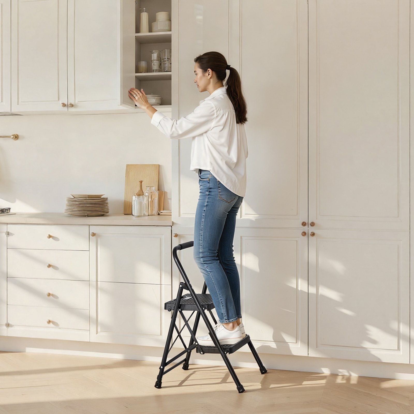 2 Step Ladder, Folding Step Stool with Wide Anti-Slip Pedal and Comfort Handgrip, Lightweight 272 kg Capacity Portable Steel Ladder, Multi-Use for Kitchen, Home, Household and Office, Black - Image 8