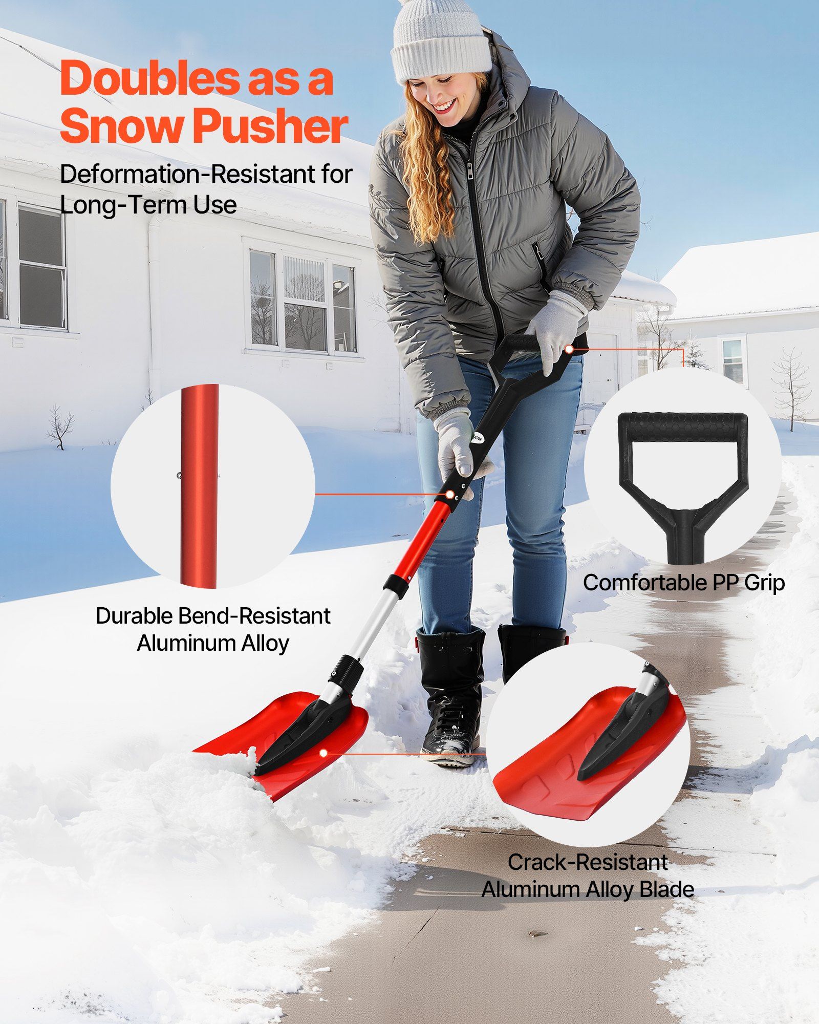 Snow Shovel for Driveway, 22cm Foldable Snow Shovel with D-shaped Handle, , 36-40 in Adjustable, Lightweight Aluminum Alloy Snows Removal Tool, Reduce Back Strains for Garden Car Camping - Image 5