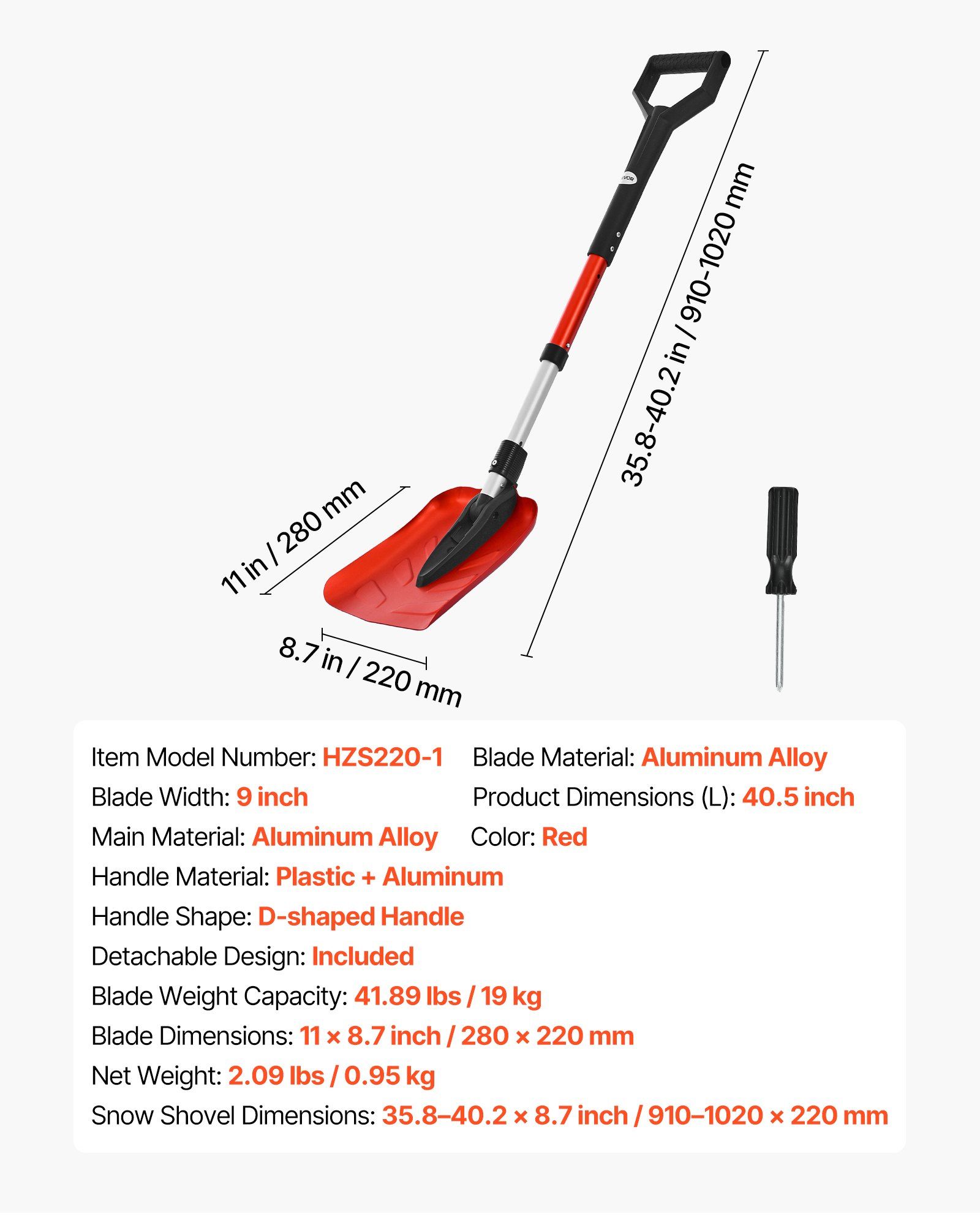 Snow Shovel for Driveway, 22cm Foldable Snow Shovel with D-shaped Handle, , 36-40 in Adjustable, Lightweight Aluminum Alloy Snows Removal Tool, Reduce Back Strains for Garden Car Camping - Image 7