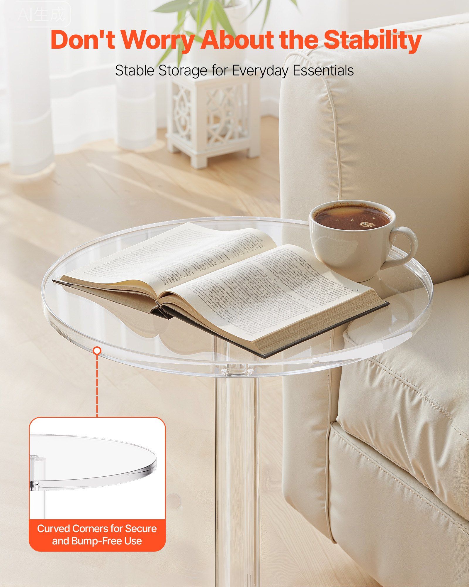 Acrylic Drink Table, Clear End Table Round Top with Solid Post, Modern Acrylic Cake Table Stand, Transparent Side Desk for Coffee, Drink, Food, Snack, Easy Assembly, 25.4 x 25.4 x 54 cm (Clear) - Image 4