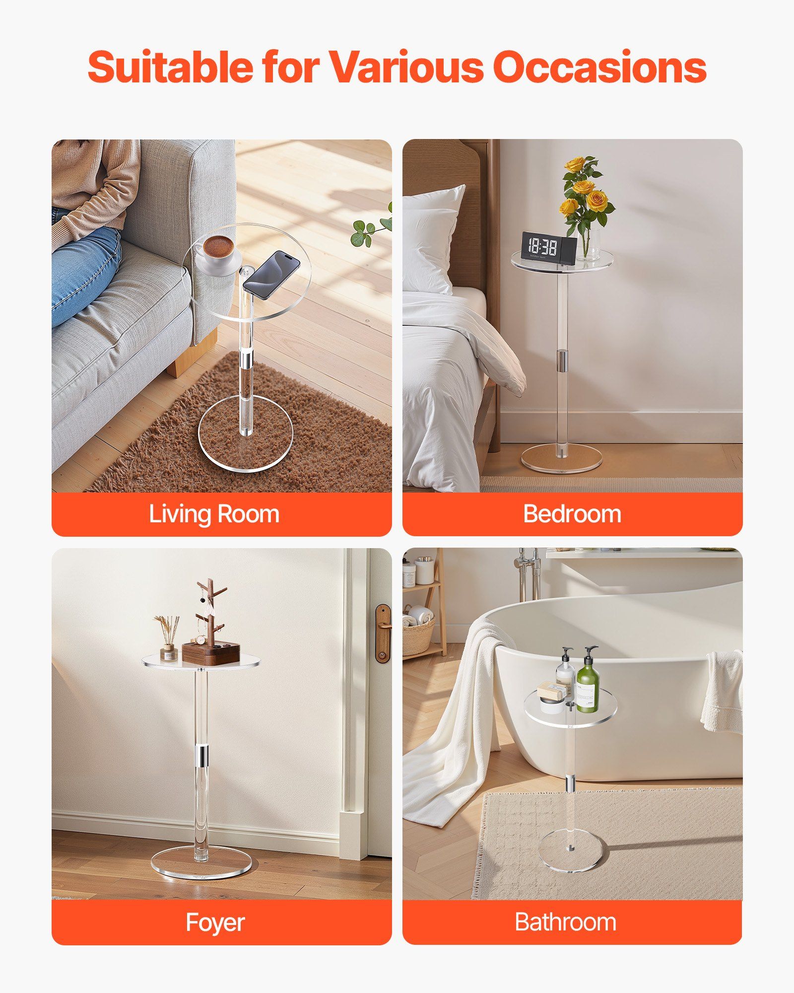 Acrylic Drink Table, Clear End Table Round Top with Solid Post, Modern Acrylic Cake Table Stand, Transparent Side Desk for Coffee, Drink, Food, Snack, Easy Assembly, 25.4 x 25.4 x 54 cm (Clear) - Image 6