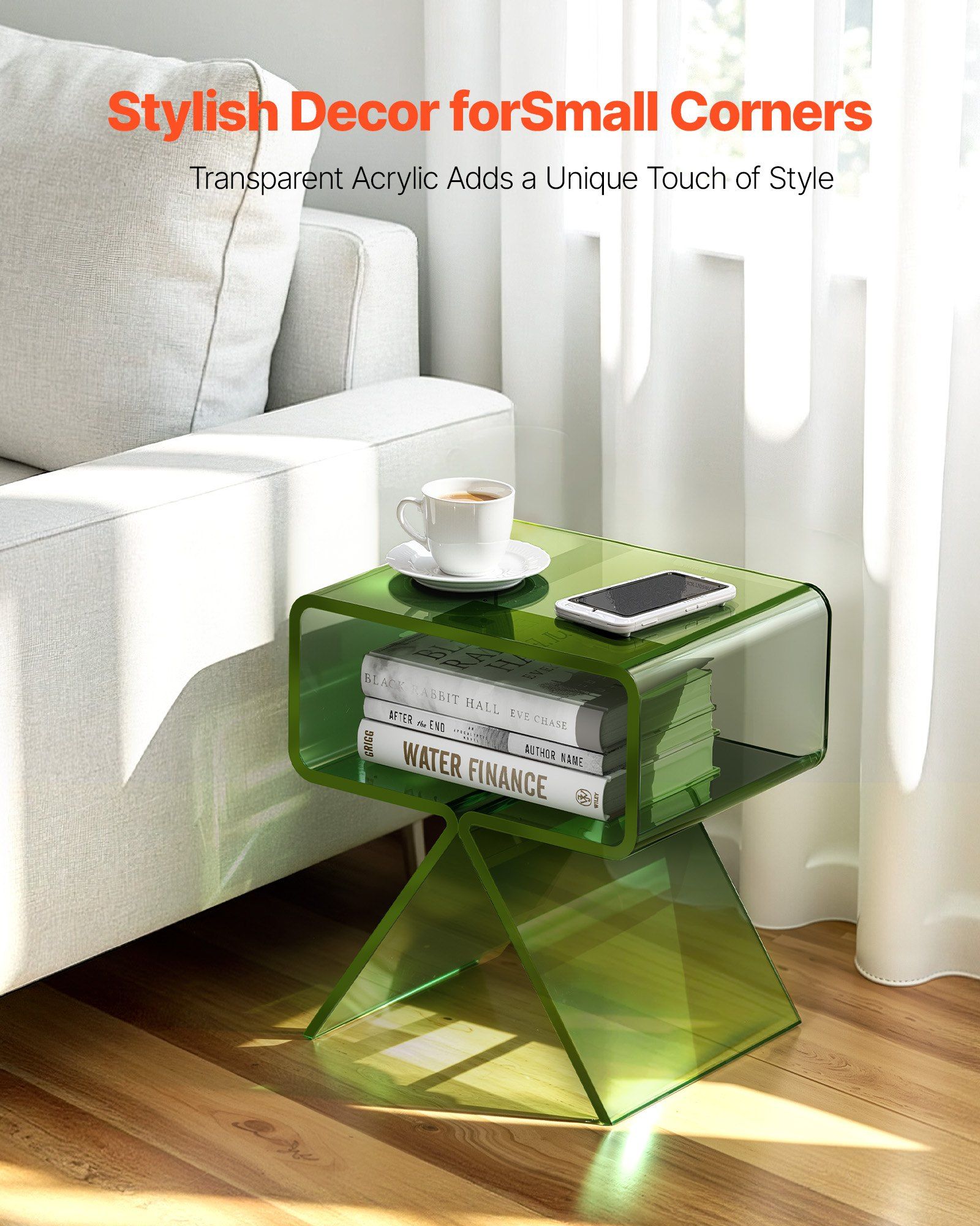 Acrylic Nightstand Side Table, Modern Clear Bedside Table with Storage Shelf, Transparent Small End Desk for Living Room, Bedroom, Home Decor, No Assembly Needed, 30 x 39.1 x 43 cm (Green) - Image 2