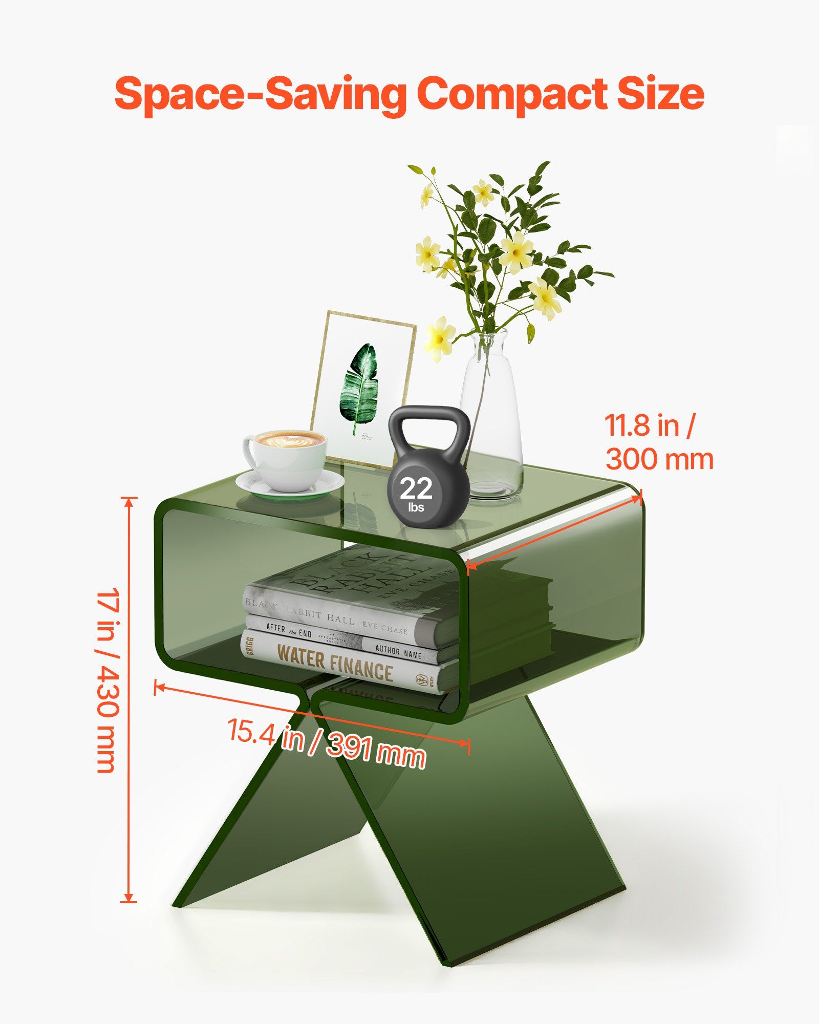 Acrylic Nightstand Side Table, Modern Clear Bedside Table with Storage Shelf, Transparent Small End Desk for Living Room, Bedroom, Home Decor, No Assembly Needed, 30 x 39.1 x 43 cm (Green) - Image 3