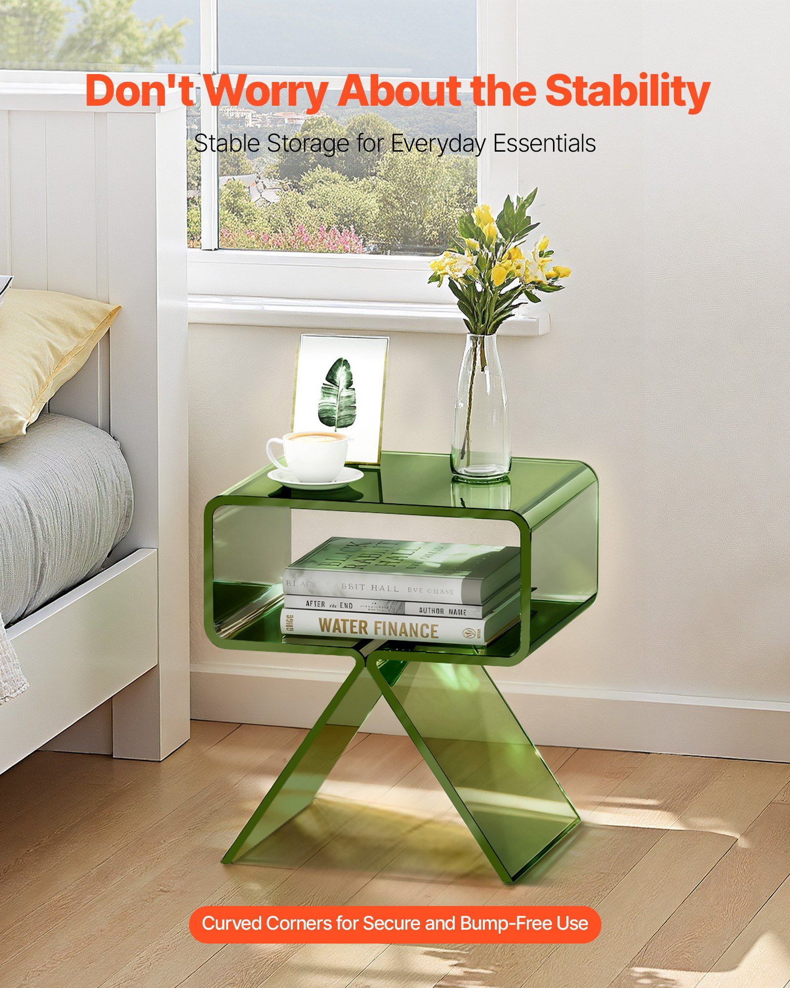 Acrylic Nightstand Side Table, Modern Clear Bedside Table with Storage Shelf, Transparent Small End Desk for Living Room, Bedroom, Home Decor, No Assembly Needed, 30 x 39.1 x 43 cm (Green) - Image 4