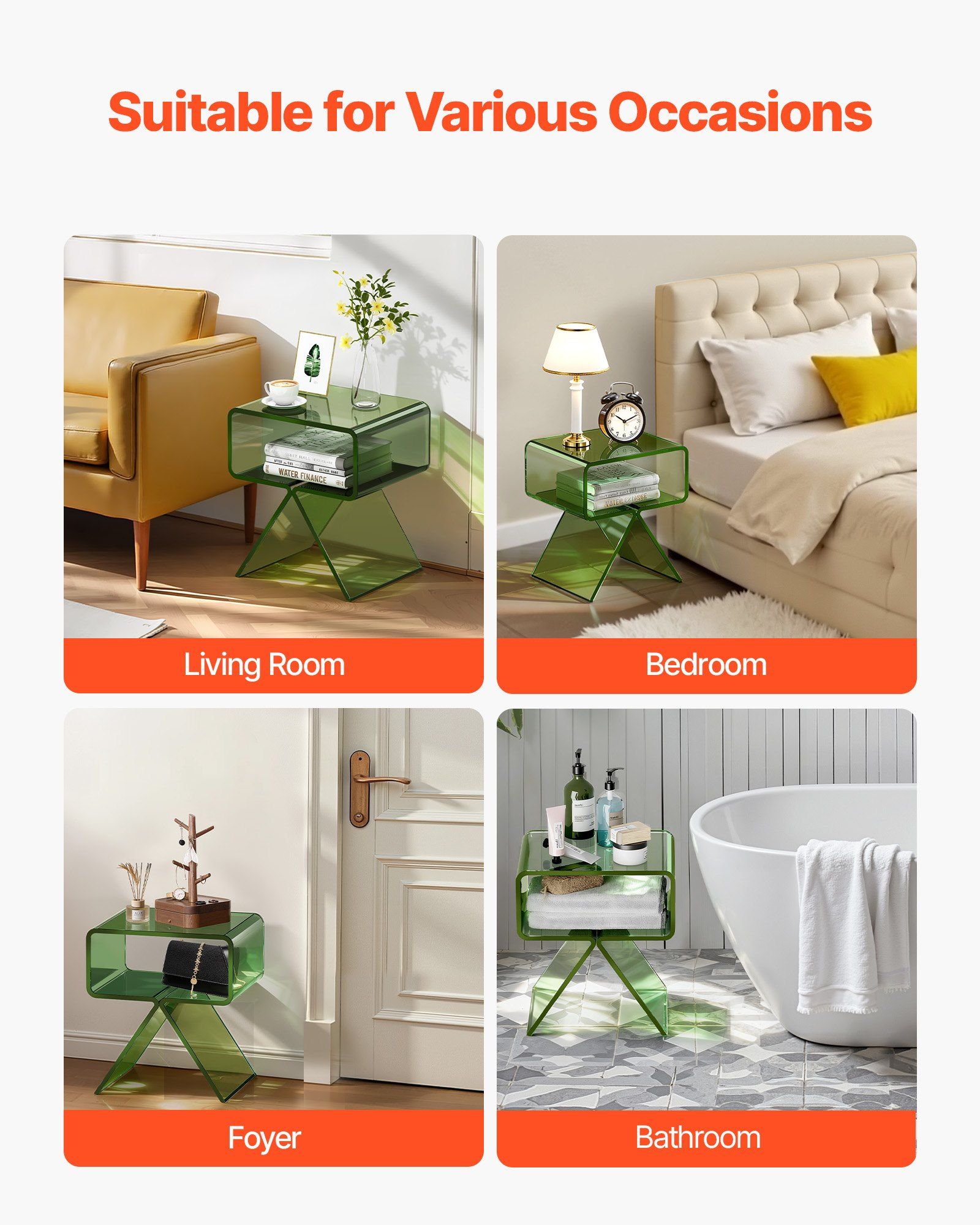 Acrylic Nightstand Side Table, Modern Clear Bedside Table with Storage Shelf, Transparent Small End Desk for Living Room, Bedroom, Home Decor, No Assembly Needed, 30 x 39.1 x 43 cm (Green) - Image 6