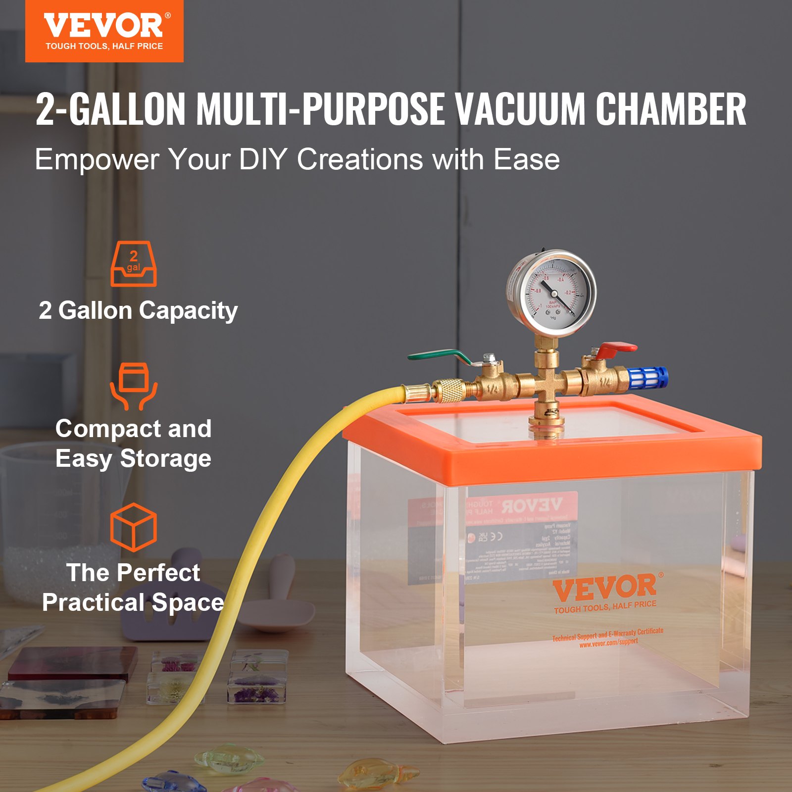 2 Gallon Vacuum Chamber, Upgraded Multipurpose Acrylic Vacuum Degassing Chamber, Transparent Vacuum Chamber, for Resin Degassing, Silica Gel Degassing, Gypsum Degassing and Vacuum Extraction - Image 2