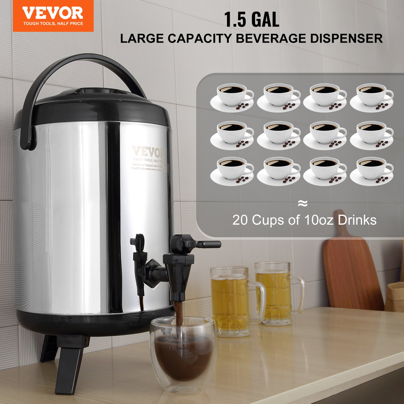 Stainless Steel Insulated Beverage Dispenser, 6 Liter, Thermal Hot and Cold Drink Server Dispenser with Spigot Handle, Food-grade for Hot Tea Coffee Water Restaurant Drink Shop - Image 2