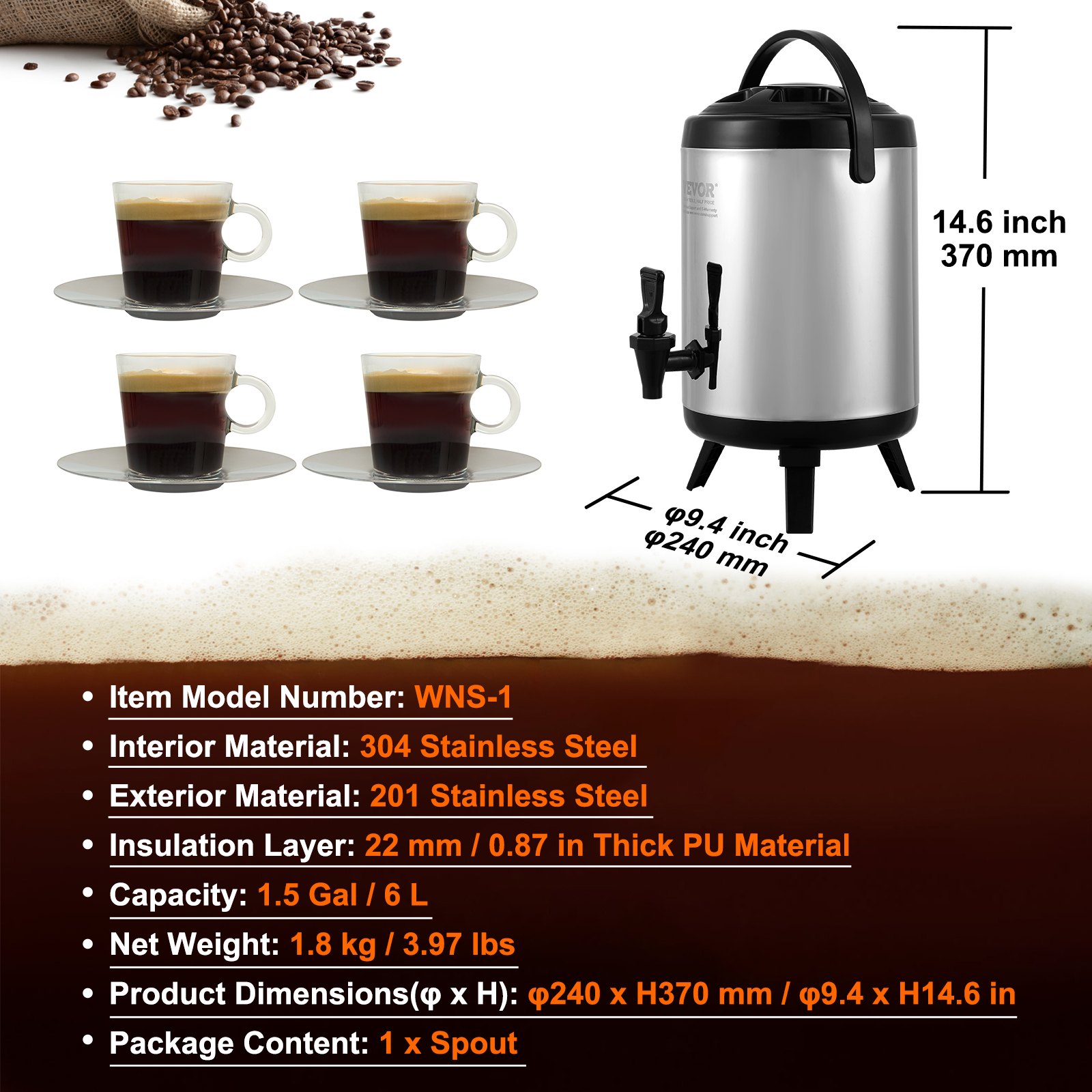 Stainless Steel Insulated Beverage Dispenser, 6 Liter, Thermal Hot and Cold Drink Server Dispenser with Spigot Handle, Food-grade for Hot Tea Coffee Water Restaurant Drink Shop - Image 7