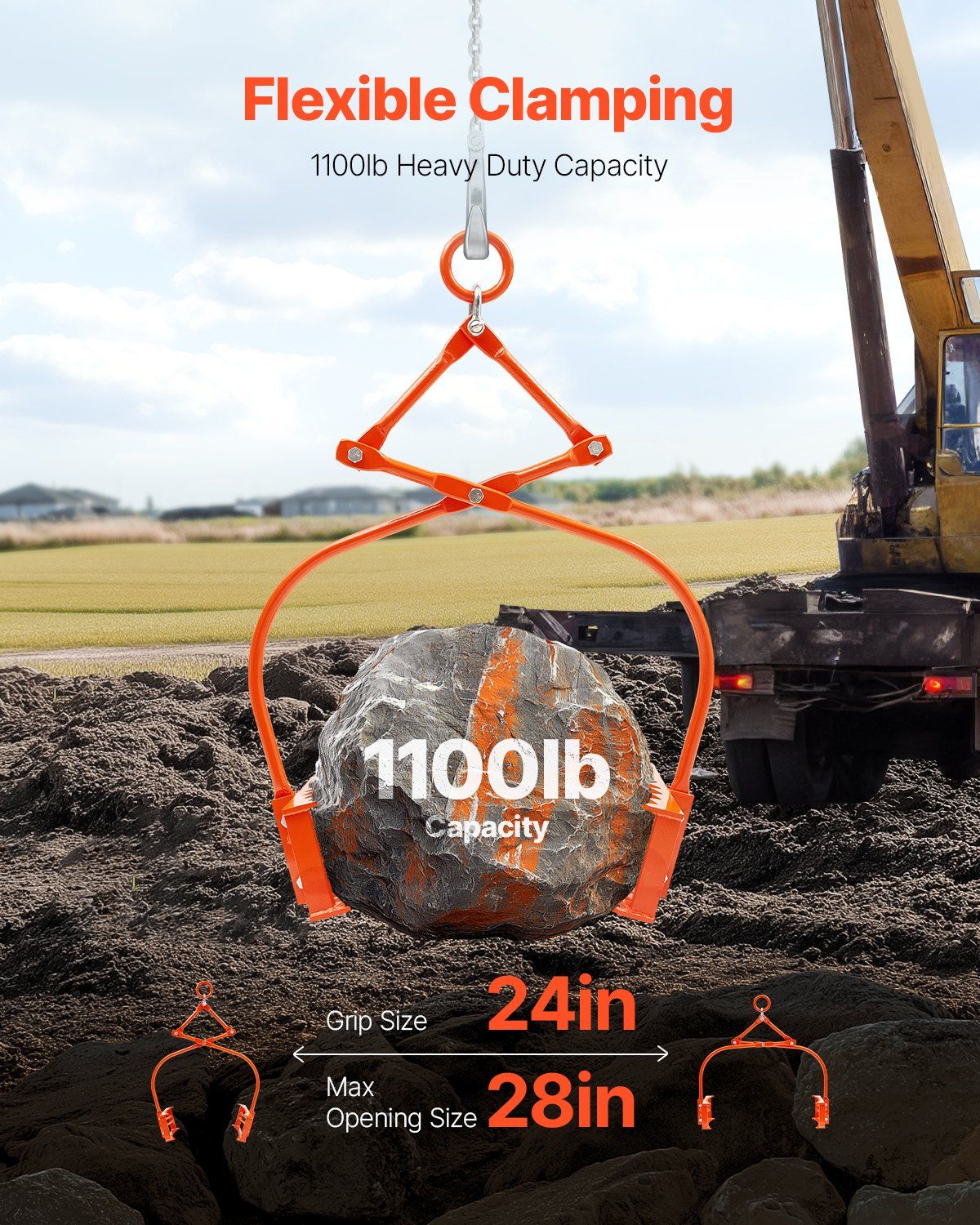 609mm Stone Lifting Tongs, 2-Claw Rock Tongs, Heavy Duty Steel Log Tongs, 500KG Lifting Capacity, Swivel Log Grapple, Serrated Claw Design, Easy Chain Hook up Tongs for Stone Blocks & Marble - Image 2