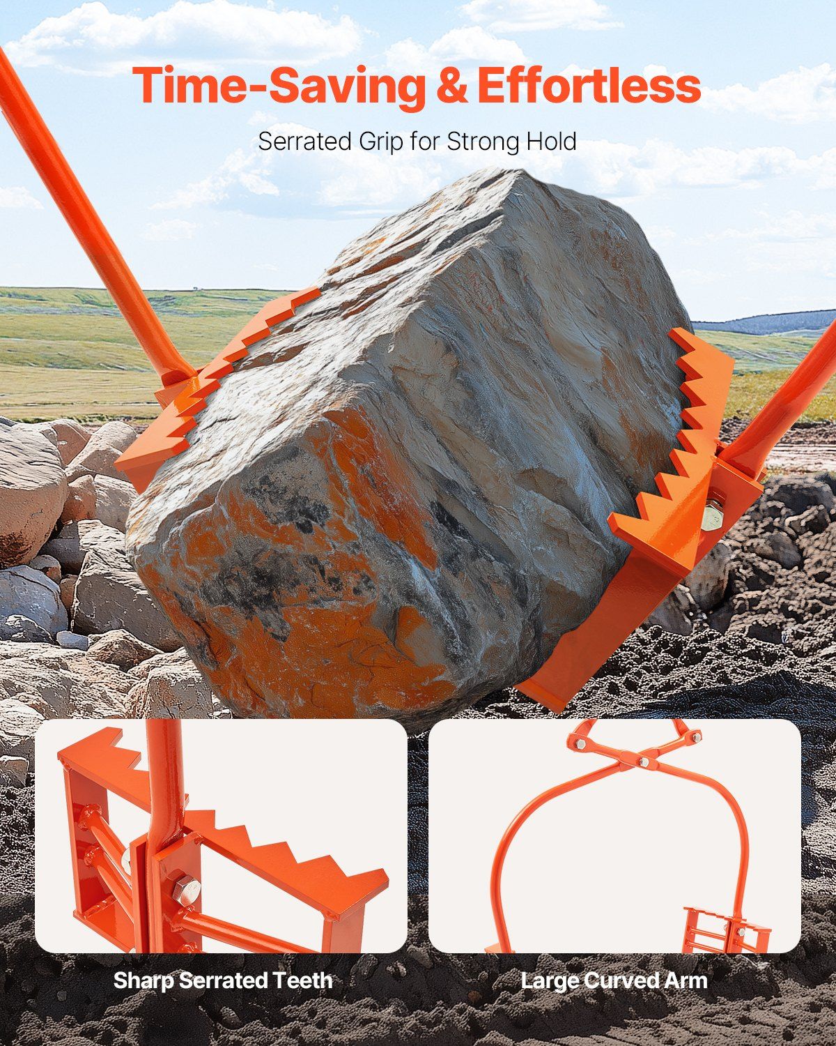 609mm Stone Lifting Tongs, 2-Claw Rock Tongs, Heavy Duty Steel Log Tongs, 500KG Lifting Capacity, Swivel Log Grapple, Serrated Claw Design, Easy Chain Hook up Tongs for Stone Blocks & Marble - Image 3
