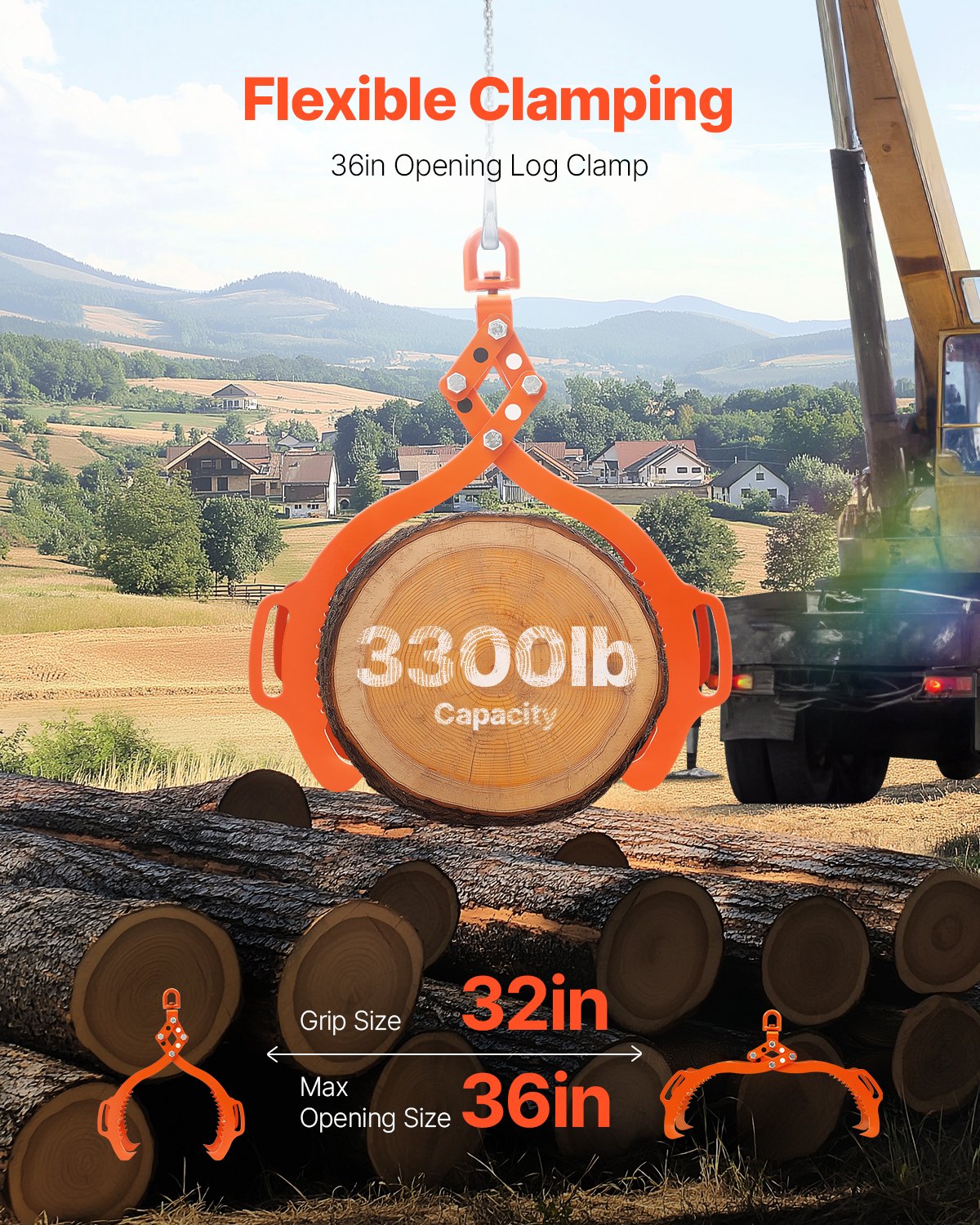 36in Log Lifting Tongs, 4-Claw Log Tongs, Heavy Duty Steel Log Grapple, 3300LBS Lifting Capacity, Swivel Log Graper Timber, Eagle Claw Design, Log Skidding Tongs for Trucks, Tractors, Forklifts - Image 2