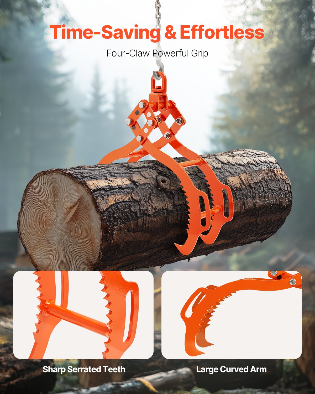 36in Log Lifting Tongs, 4-Claw Log Tongs, Heavy Duty Steel Log Grapple, 3300LBS Lifting Capacity, Swivel Log Graper Timber, Eagle Claw Design, Log Skidding Tongs for Trucks, Tractors, Forklifts - Image 3