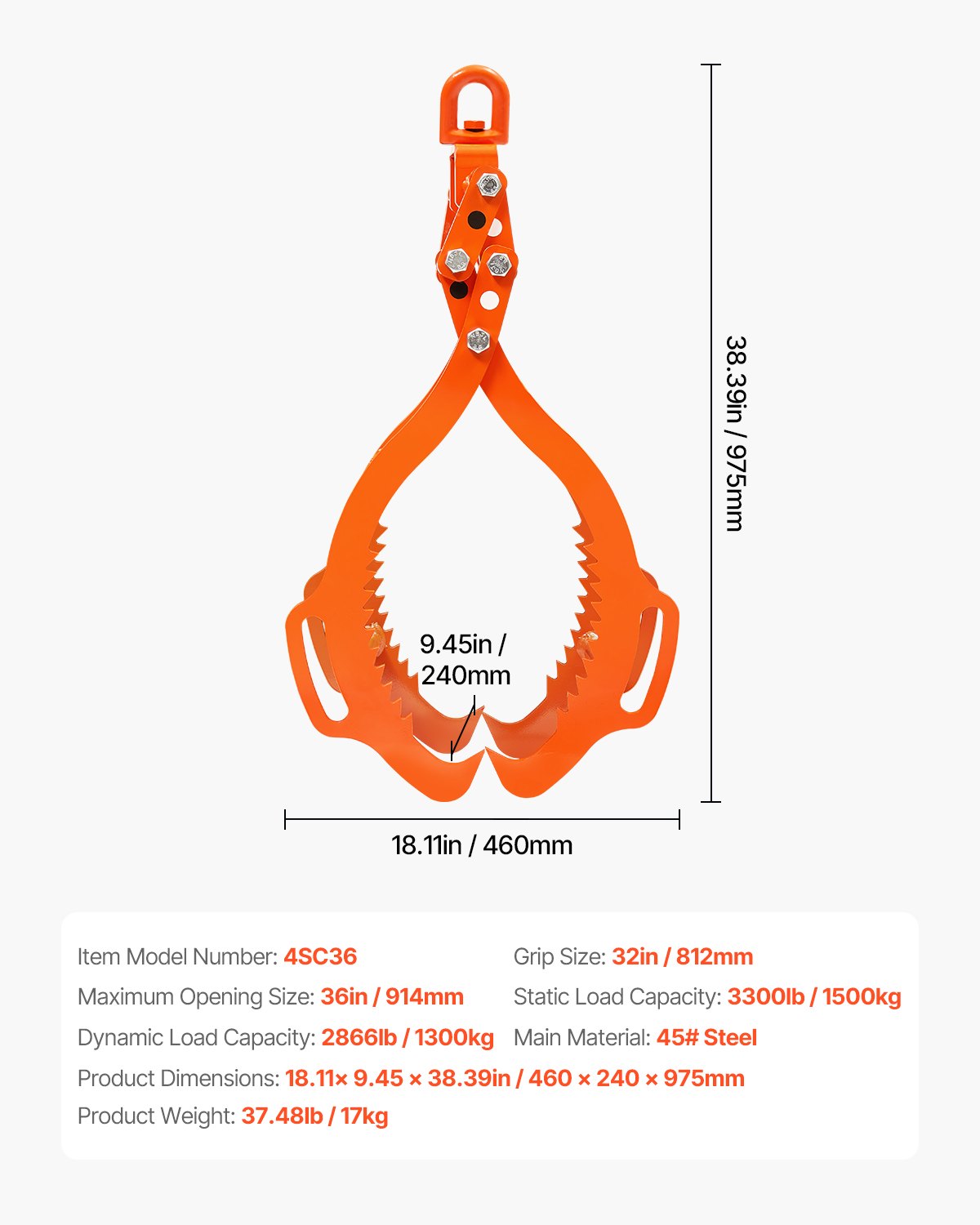 36in Log Lifting Tongs, 4-Claw Log Tongs, Heavy Duty Steel Log Grapple, 3300LBS Lifting Capacity, Swivel Log Graper Timber, Eagle Claw Design, Log Skidding Tongs for Trucks, Tractors, Forklifts - Image 7