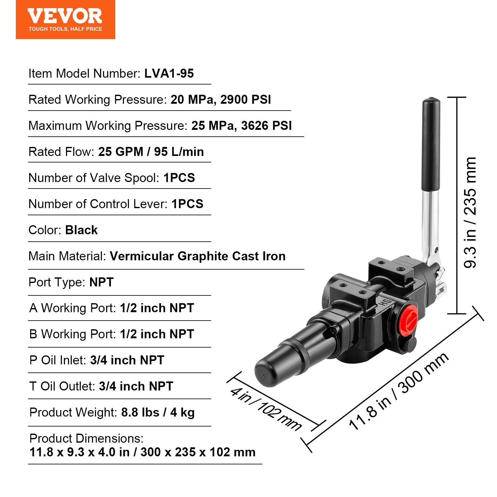 Hydraulic Log Splitter Valve 1 Spool, 25 GPM Hydraulic Directional Control Valve, 3626PSI Hydraulic Loader Valve, Hydraulic Joystick Control Valve for Small Tractors, Loaders, Log Splitter - Image 7