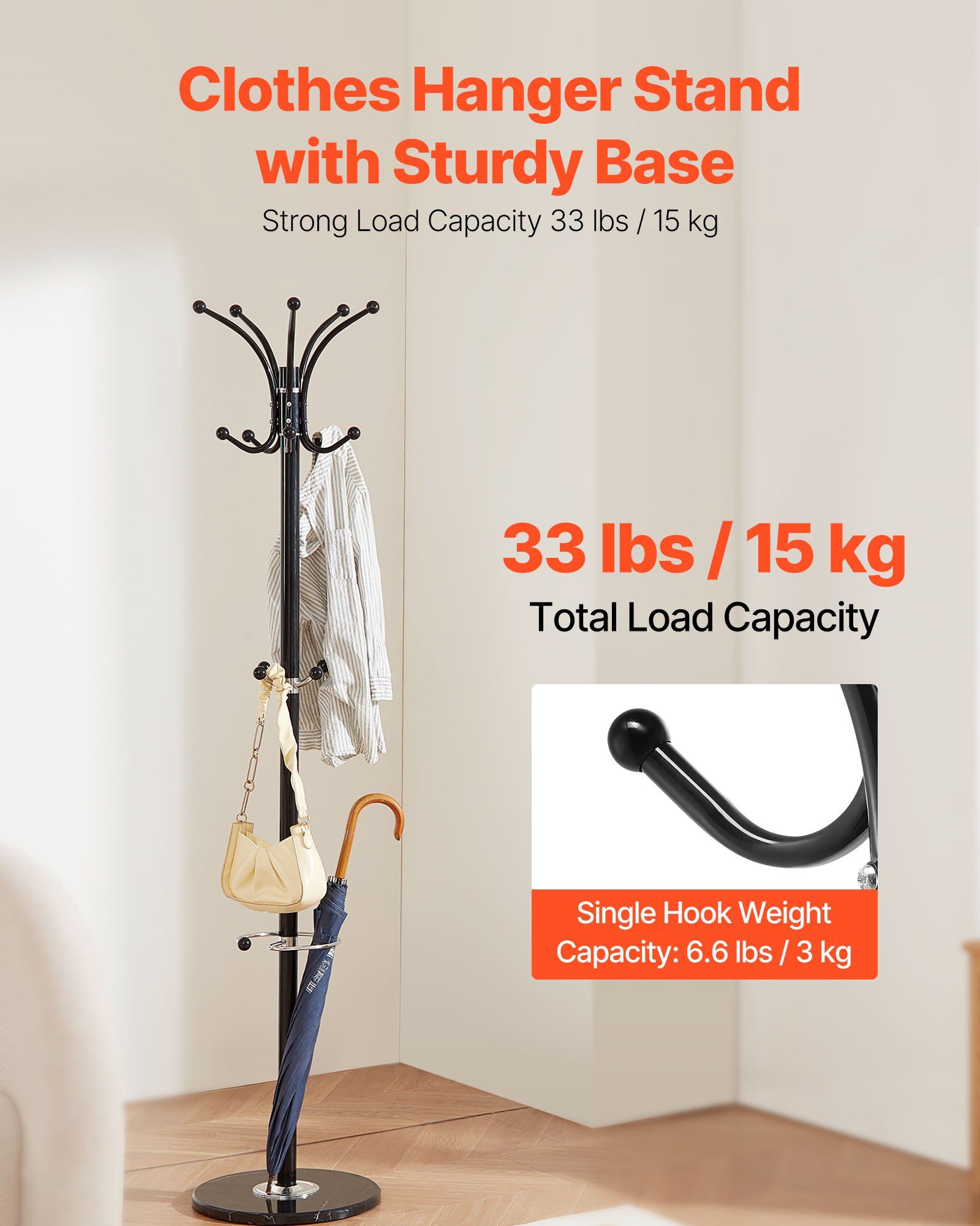 Freestanding Coat Rack, Metal Coats Rack Stand with Umbrella Holder, Stable Marble Base & 14 Hooks, Hall Coat Tree for Entryway, Bedroom, Living Room, Stylish Coats Hanger for Hats, Scarves, Bag - Image 2