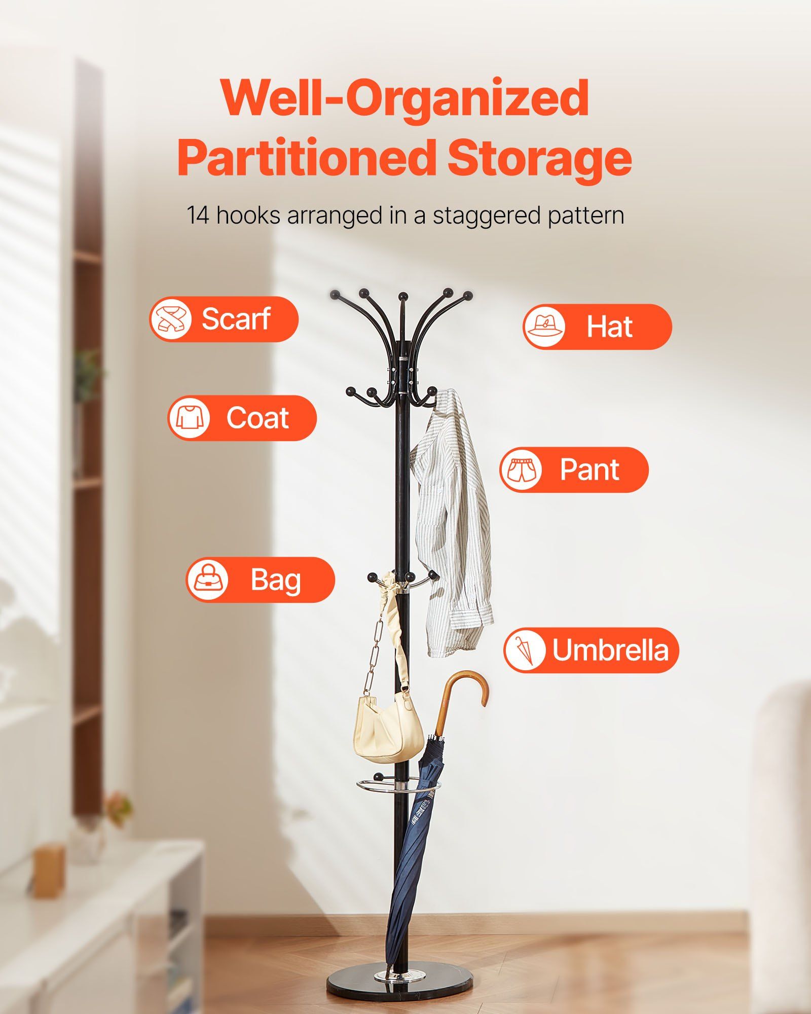 Freestanding Coat Rack, Metal Coats Rack Stand with Umbrella Holder, Stable Marble Base & 14 Hooks, Hall Coat Tree for Entryway, Bedroom, Living Room, Stylish Coats Hanger for Hats, Scarves, Bag - Image 5